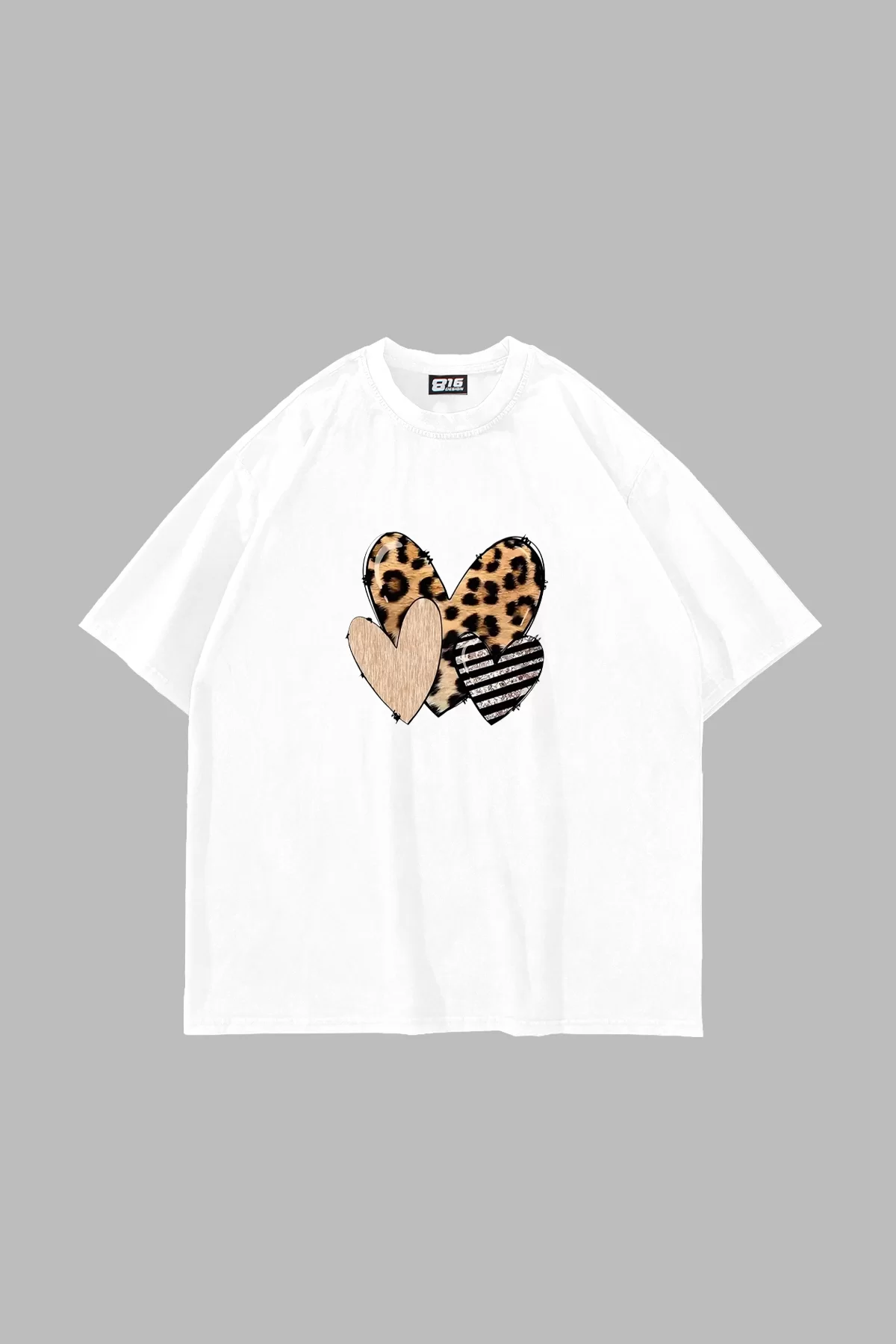 Leopar Heart Baskılı Oversize Unisex Beyaz Tshirt