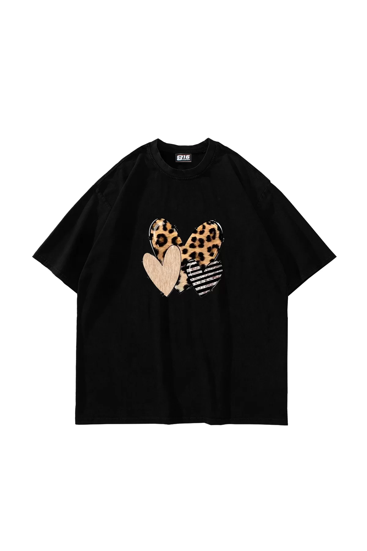 Leopar Heart Baskılı Oversize Unisex Siyah Tshirt