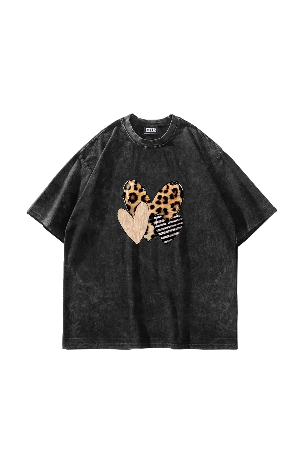 Leopar Heart Baskılı Oversize Unisex Yıkamalı Siyah Tshirt