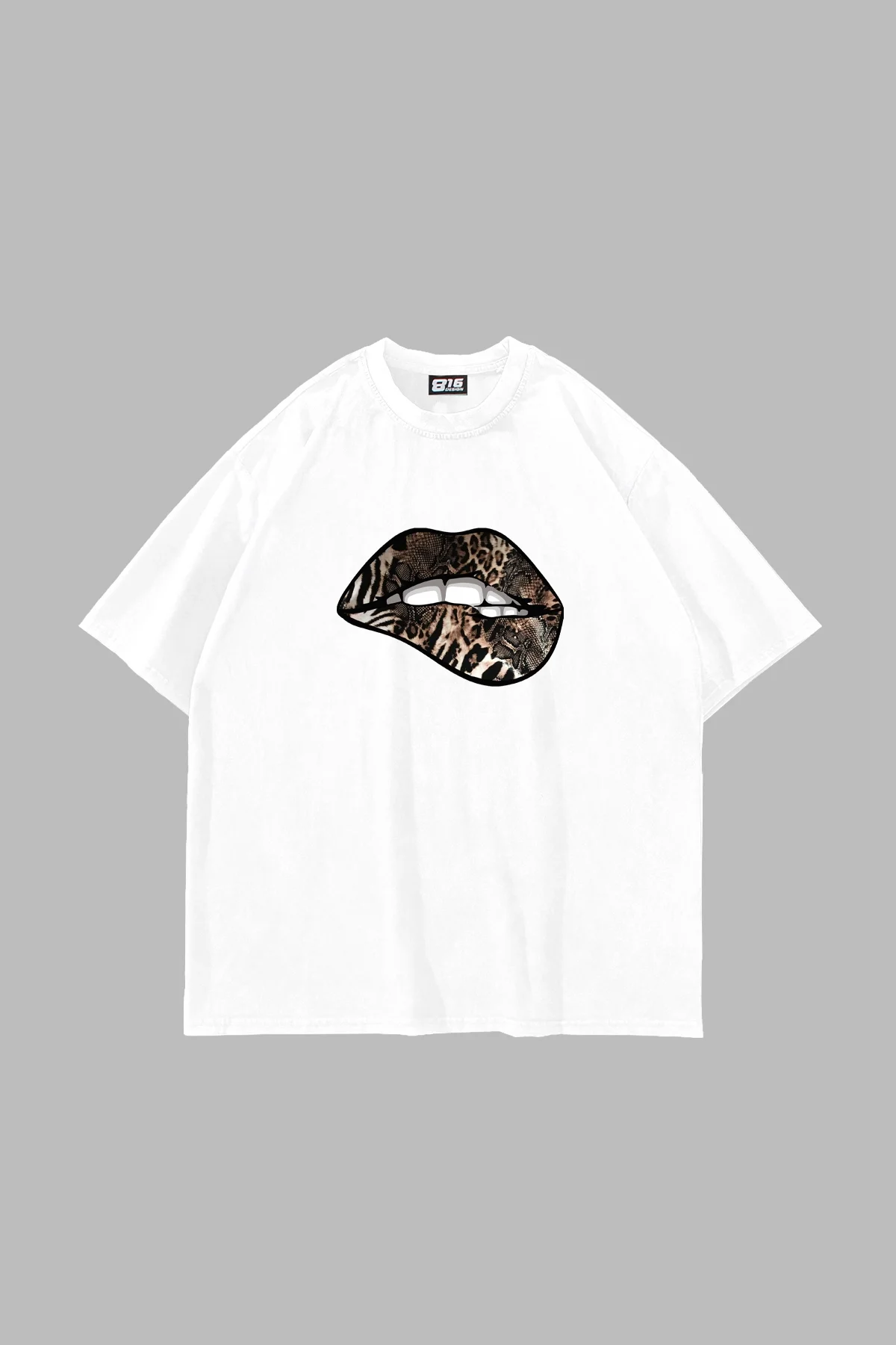 Leopar Lips Baskılı 24/1 Oversize Unisex Beyaz Tshirt