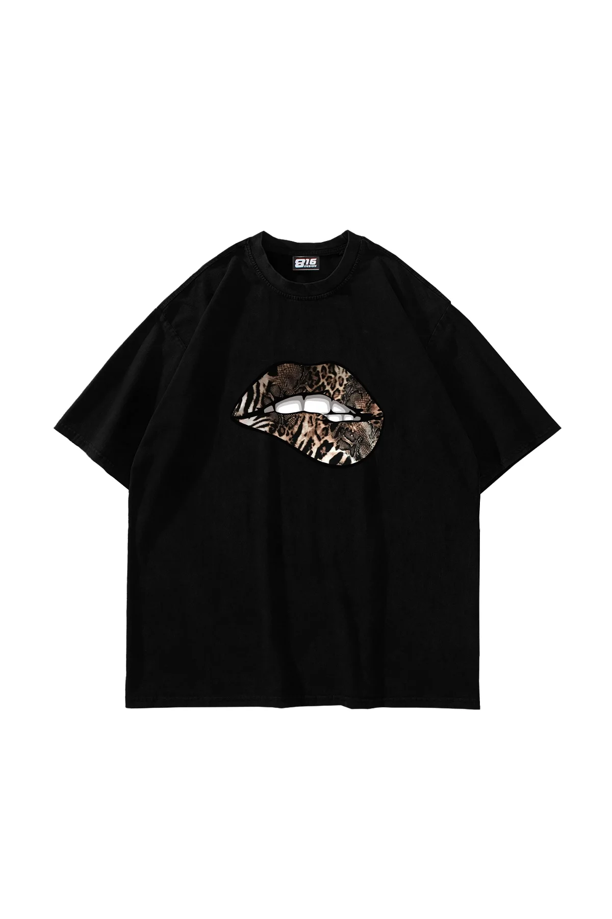 Leopar Lips Baskılı 24/1 Oversize Unisex Siyah Tshirt