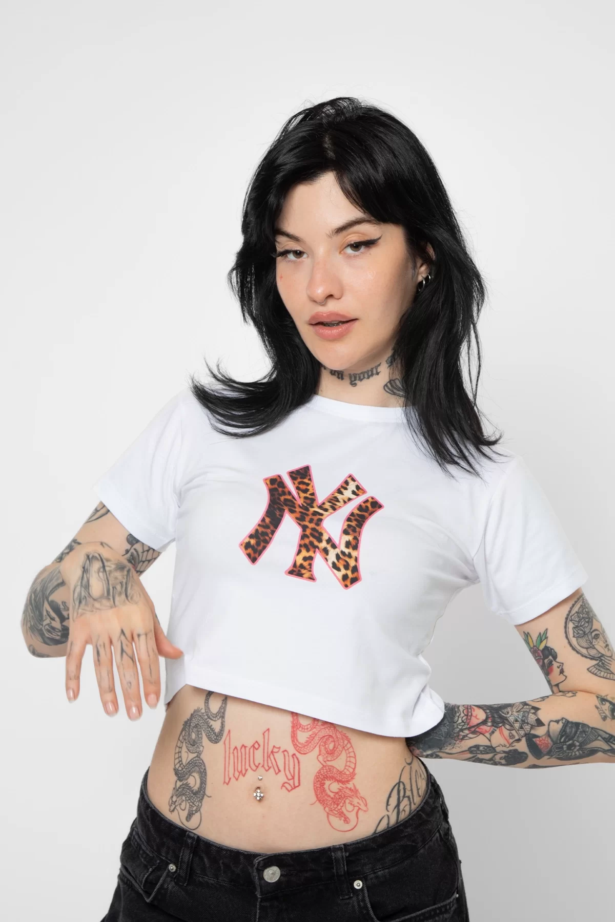 Leopar NY Baskılı Beyaz Crop Top