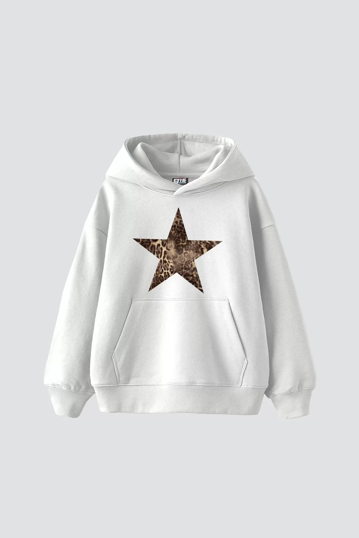 Leopar Starsz Baskılı Oversize Unisex Premium Beyaz Hoodie