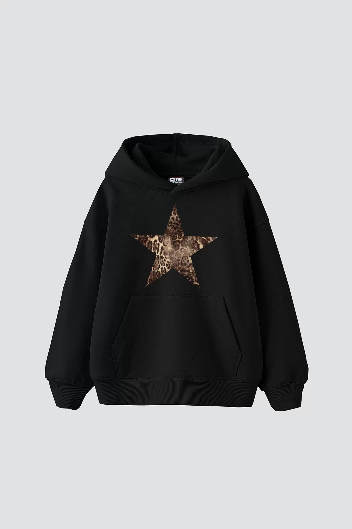 Leopar Starz Baskılı Oversize Unisex Premium Siyah Hoodie