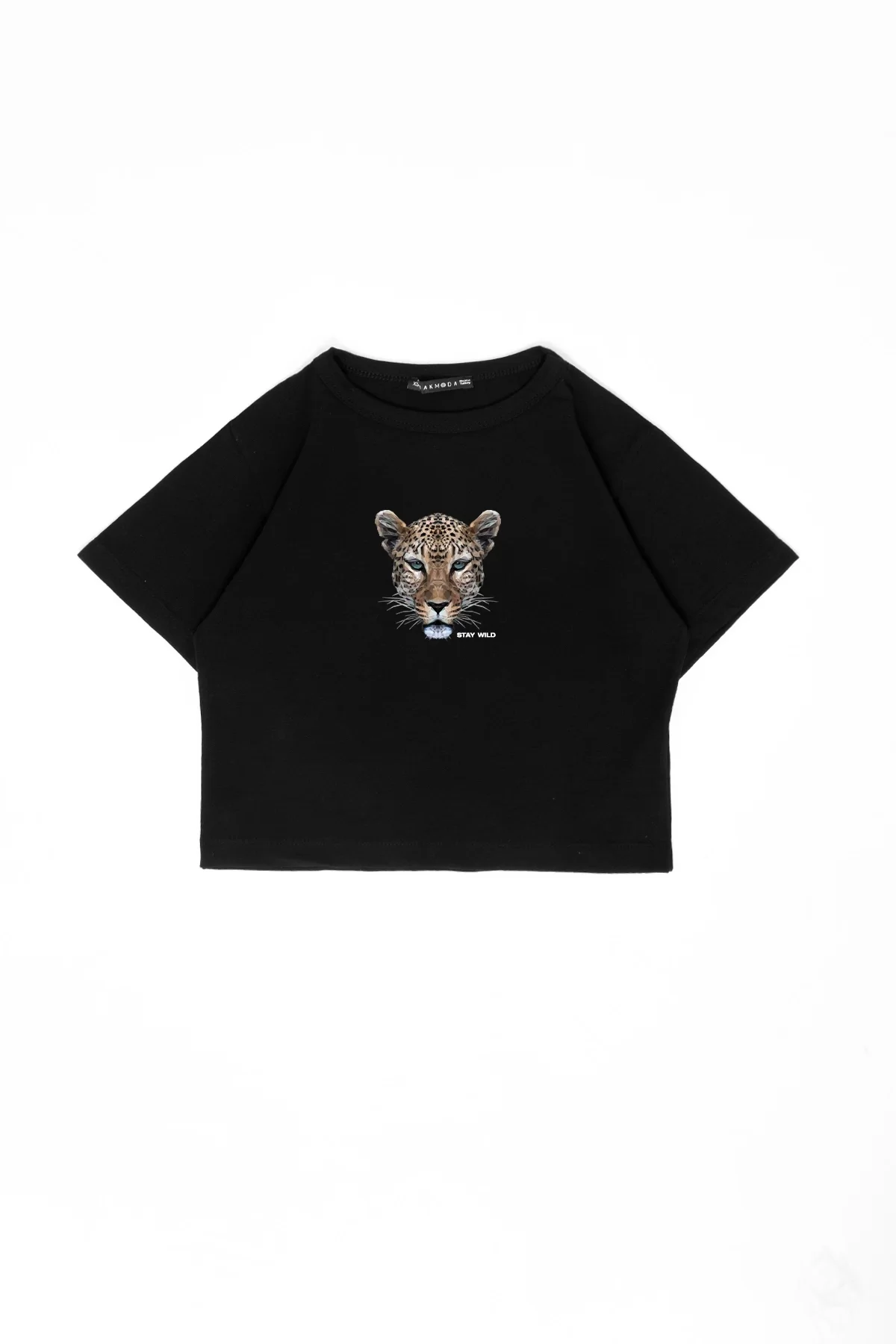 Leopar Stay Wild Baskılı Oversize Unisex Siyah Crop Top