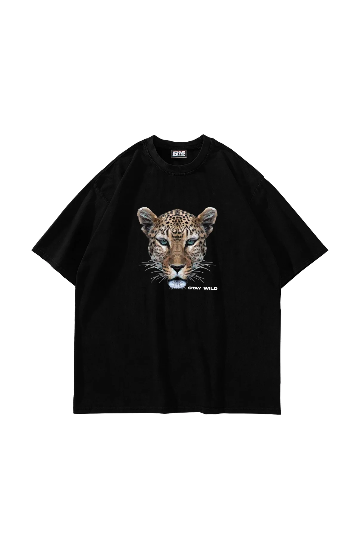 Leopar Stay Wild Baskılı Oversize Unisex Siyah Tshirt