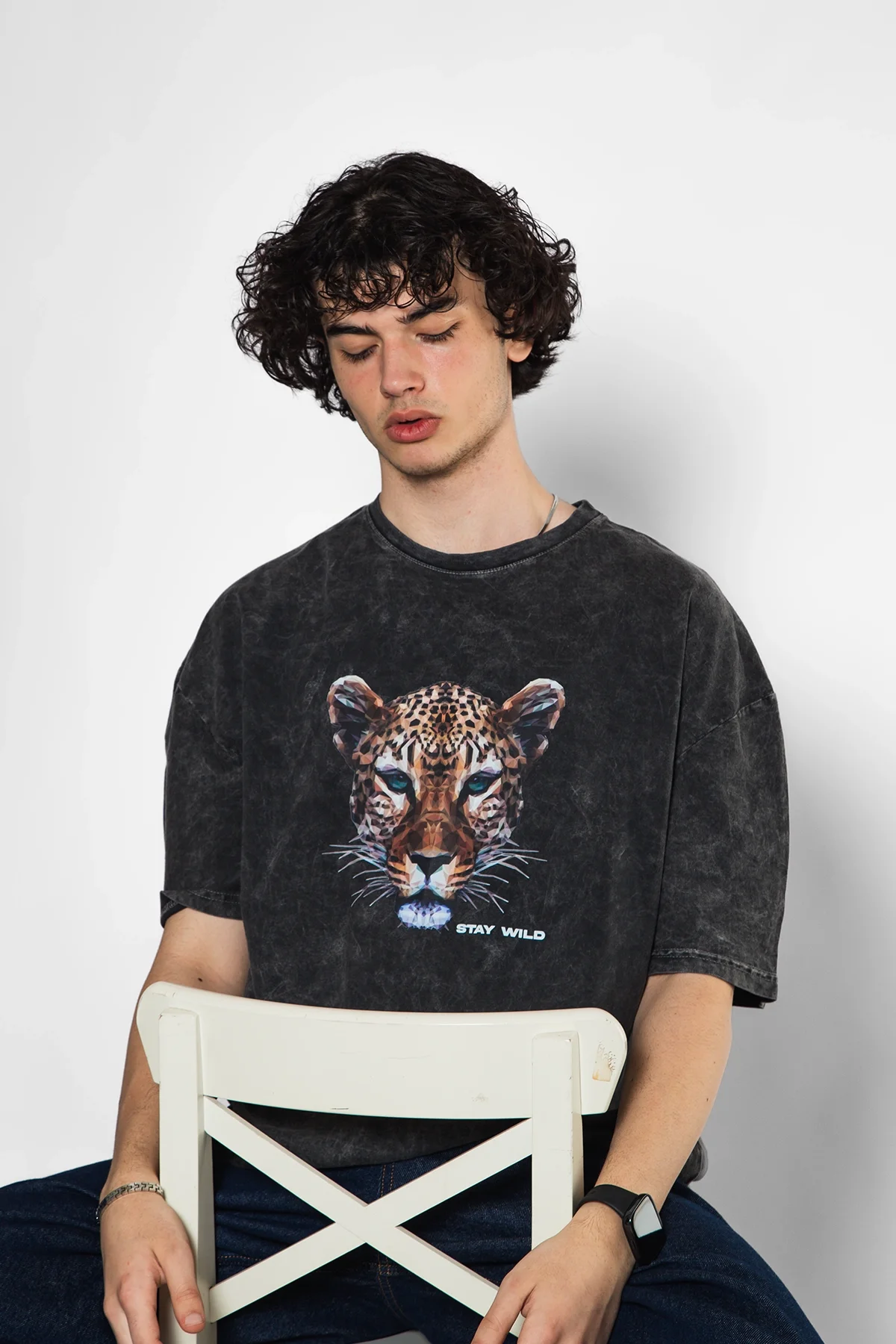 Leopar Stay Wild Baskılı Oversize Unisex Yıkamalı Siyah Tshirt