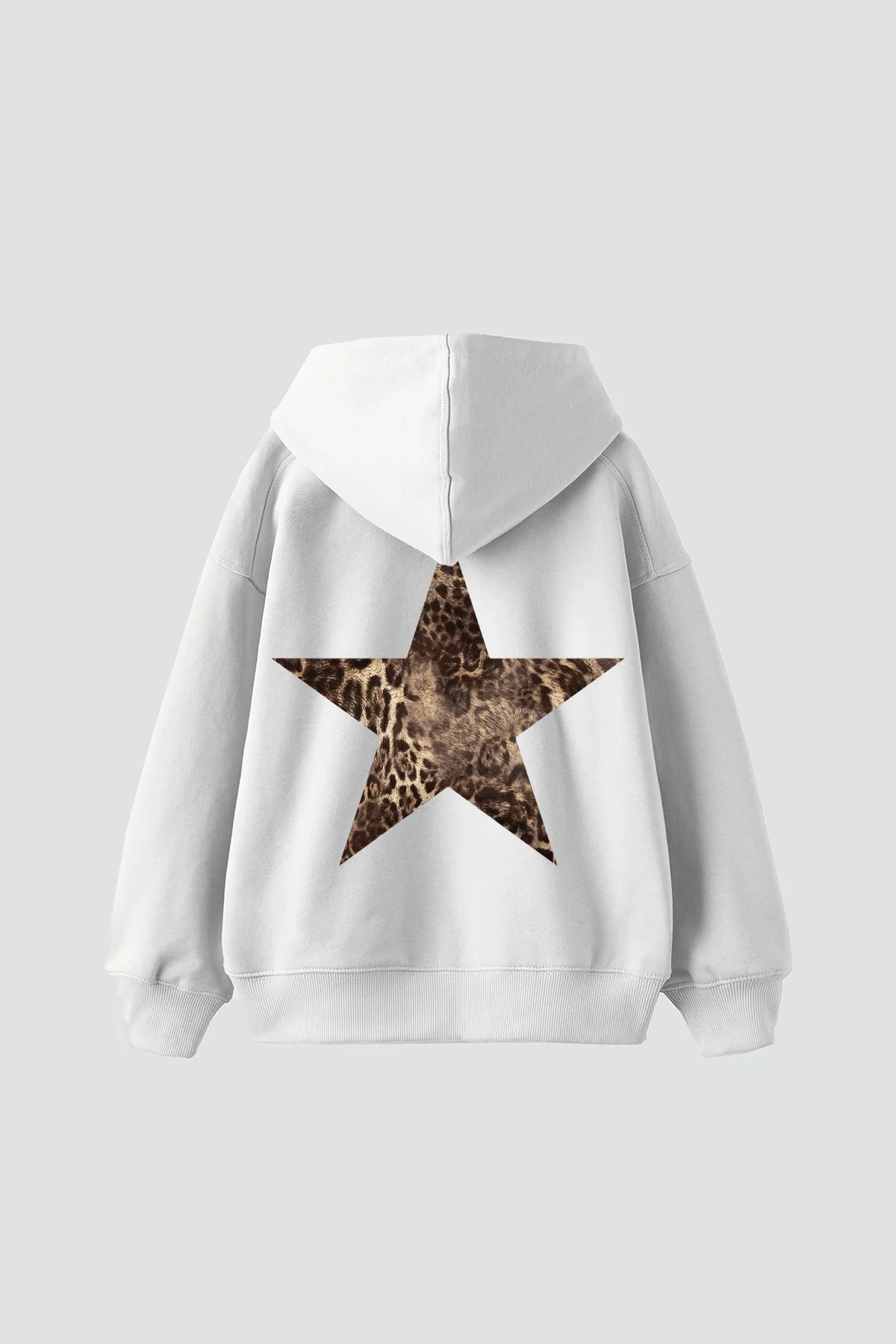 Sırt Baskılı Leopar Yıldız Baskılı Oversize Unisex Beyaz Hoodie