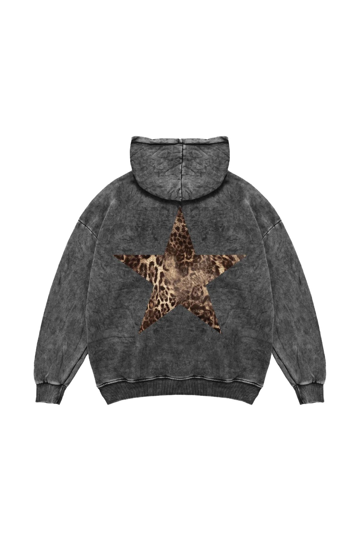 Sırt Baskılı Leopar Yıldız Baskılı Oversize Unisex Yıkamalı Siyah Hoodie