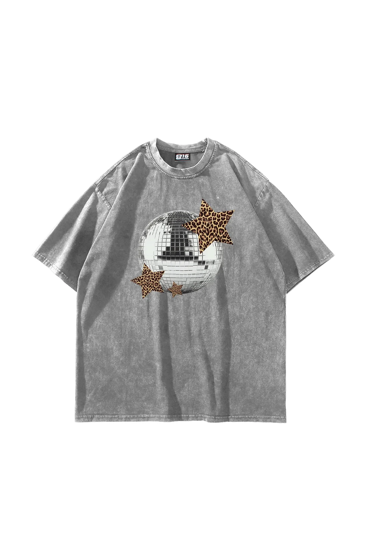 Leopard Disco Baskılı Oversize Unisex Yıkamalı Beyaz Tshirt