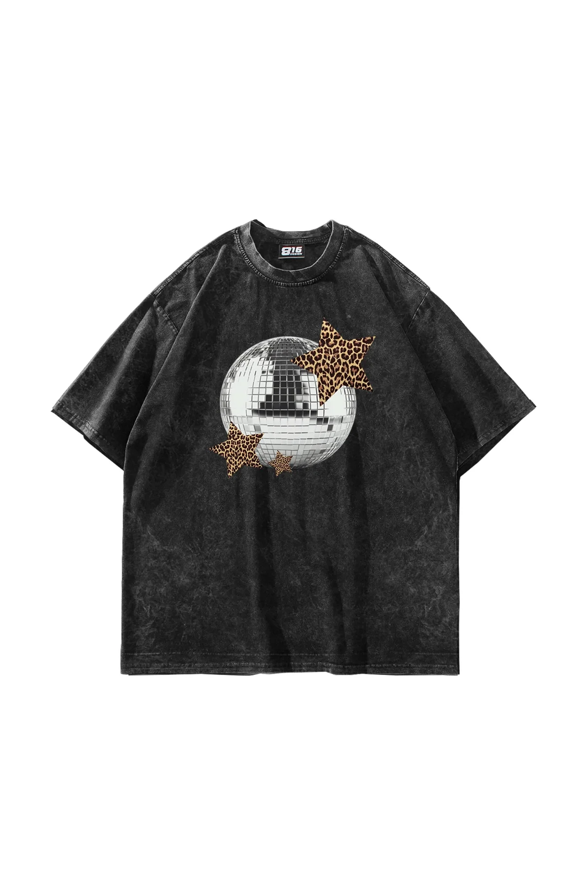 Leopard Disco Baskılı Oversize Unisex Yıkamalı Siyah Tshirt