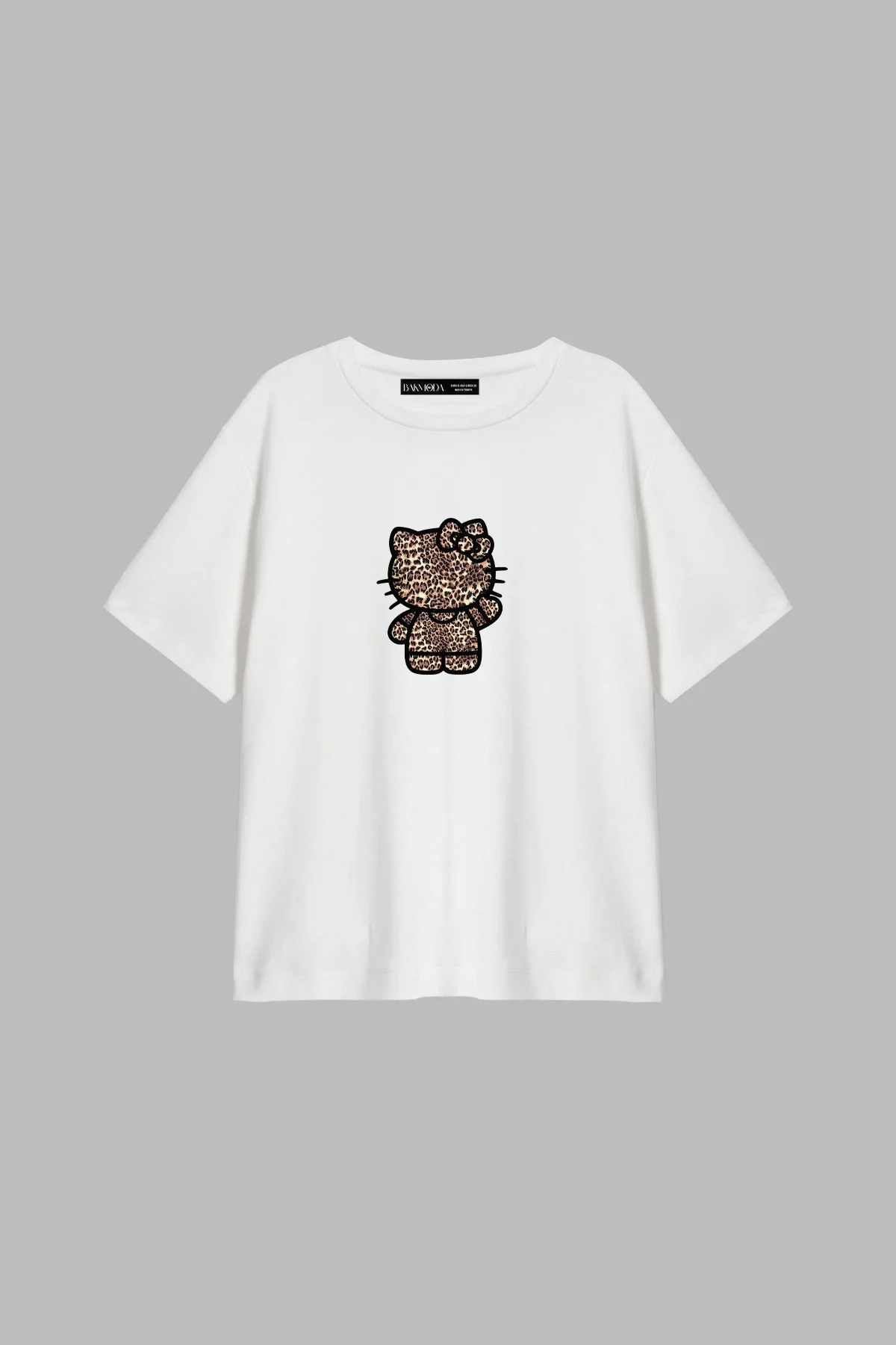 Leopard Kitty Baskılı Relaxed Fit Beyaz Kadın Tshirt