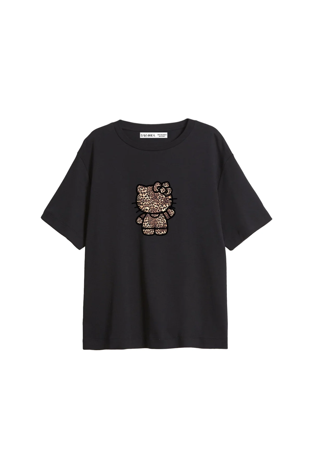 Leopard Kitty Baskılı Relaxed Fit Siyah Kadın Tshirt