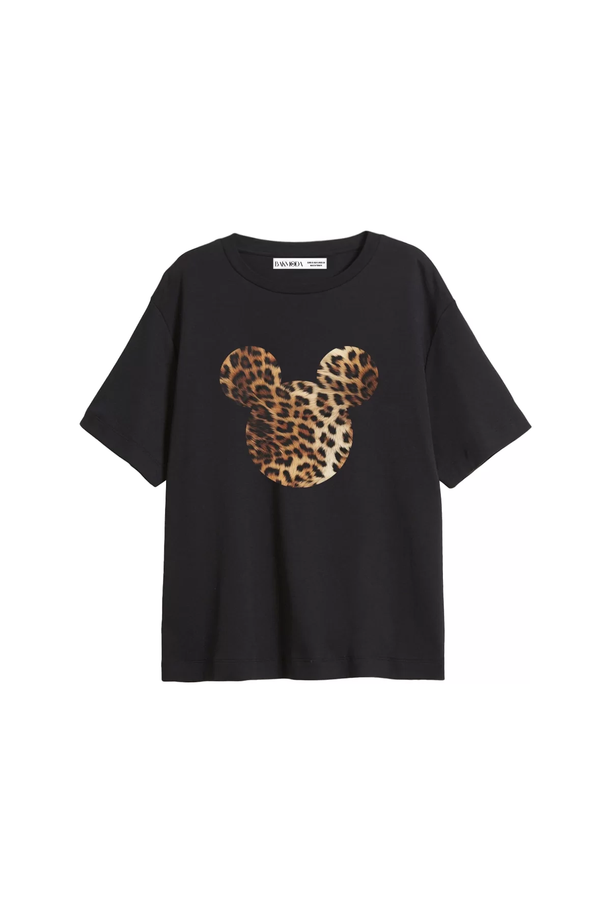 Leopard Mcky Baskılı Relaxed Fit Siyah Kadın Tshirt
