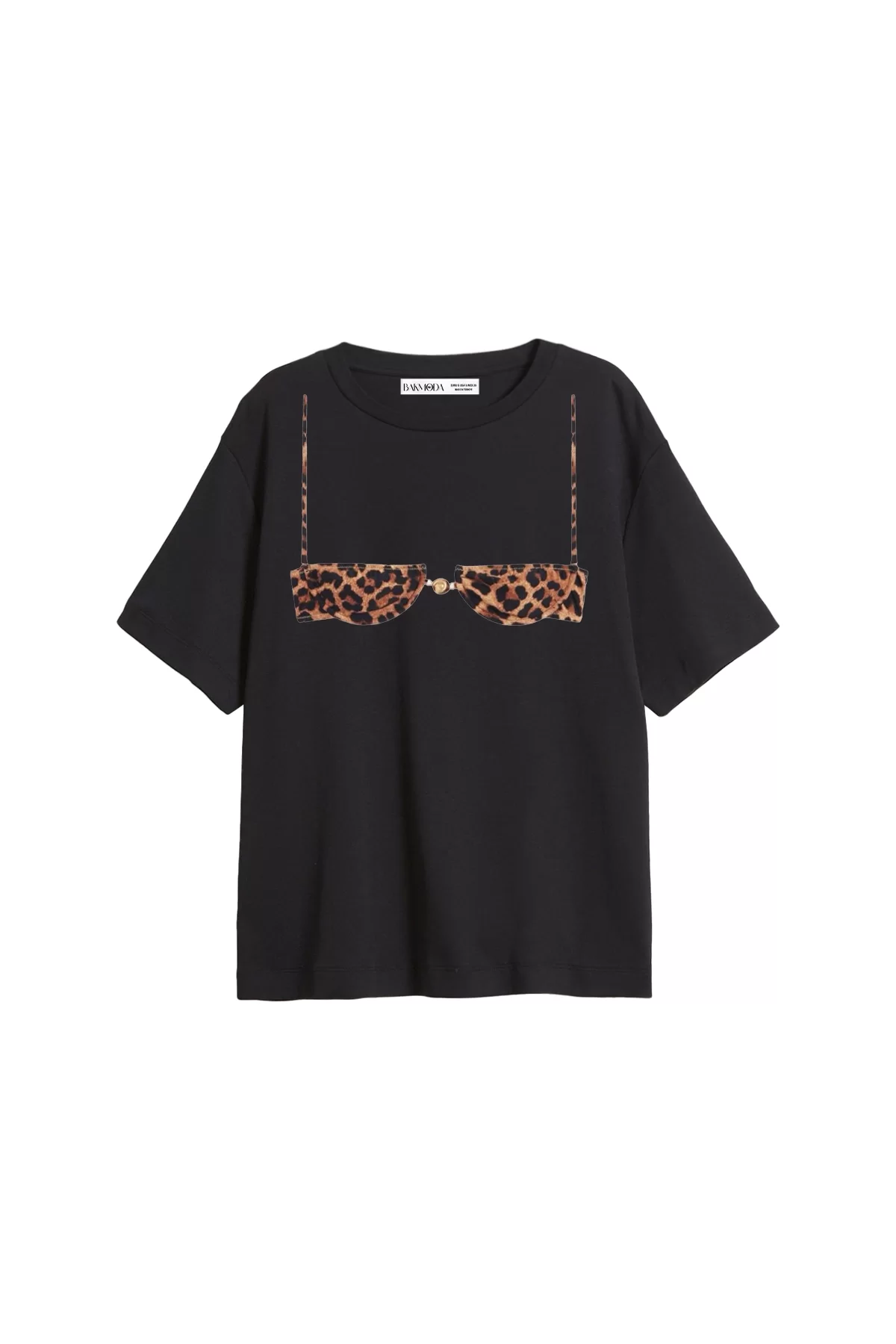 Leopard Tiny Bikini Baskılı Relaxed Fit Siyah Kadın Tshirt