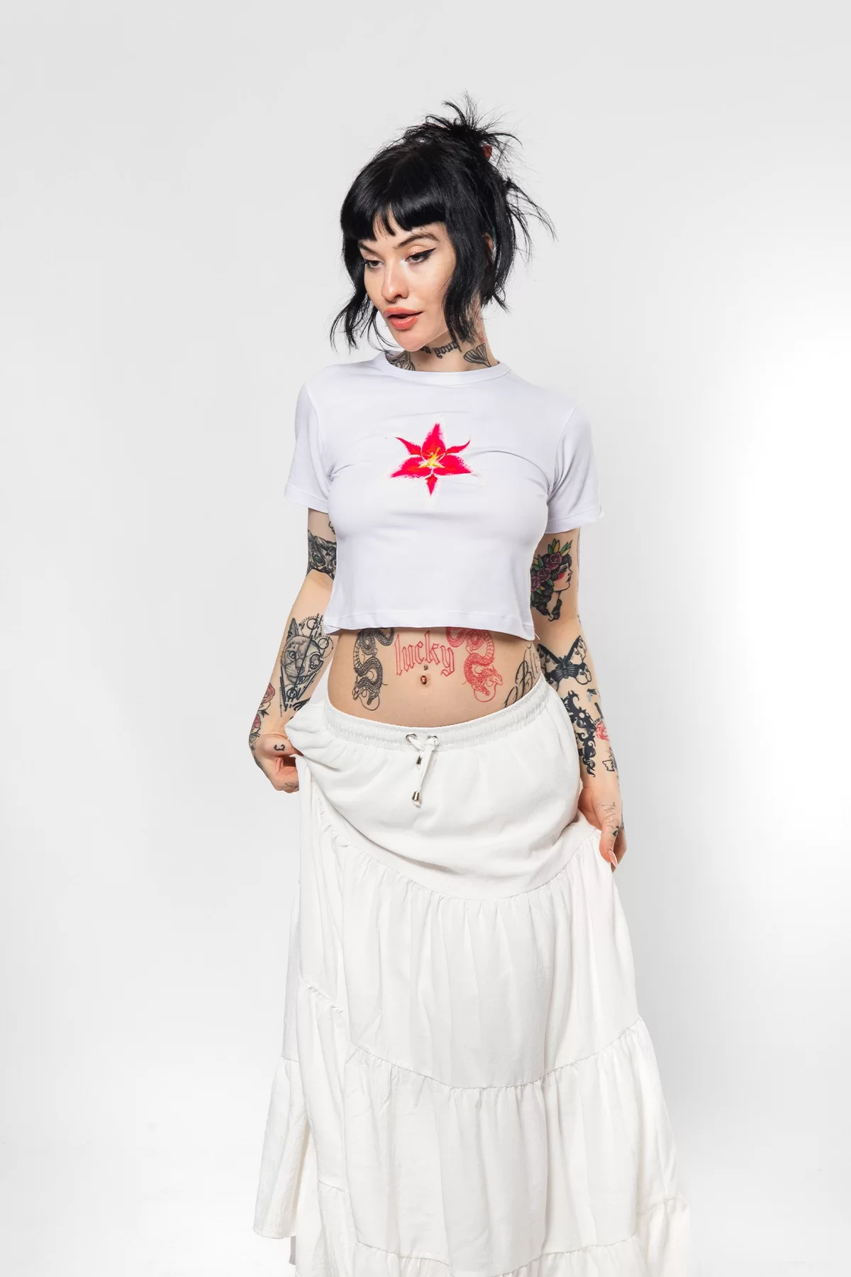 Lilium Baskılı Beyaz Crop Top