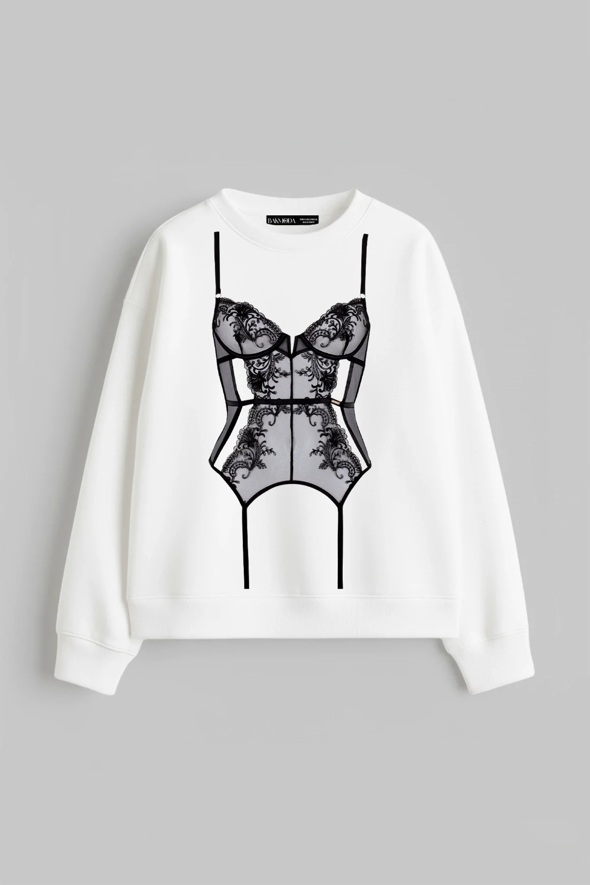 Lingerie Baskılı Kapüşonsuz Relaxed Fit Kadın Beyaz Sweatshirt