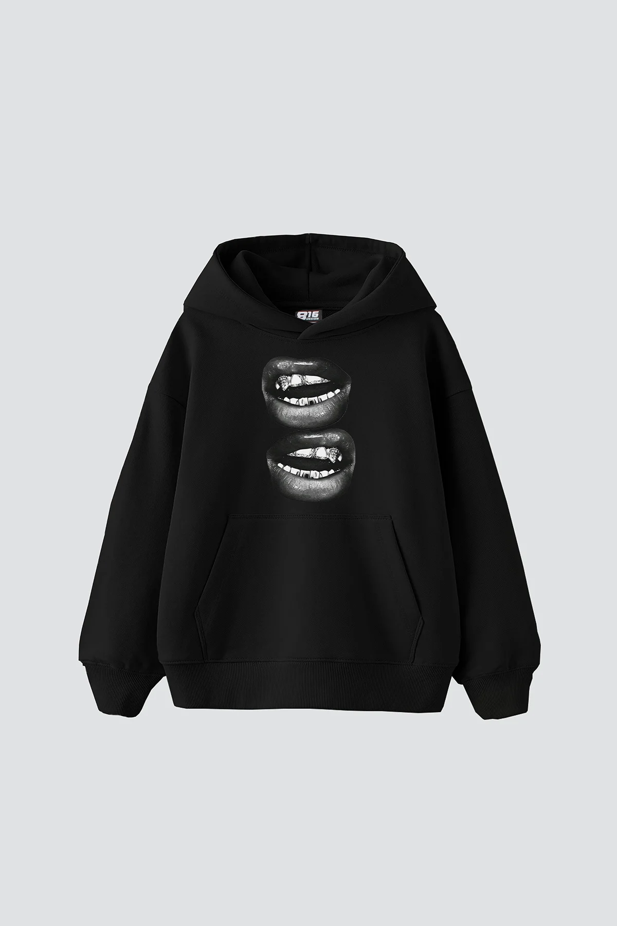 Lip Teeths Baskılı Oversize Unisex Siyah Hoodie