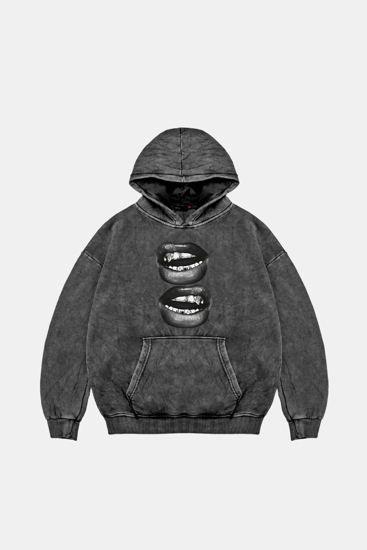 Lip Teeths Baskılı Oversize Unisex Yıkamalı Siyah Hoodie