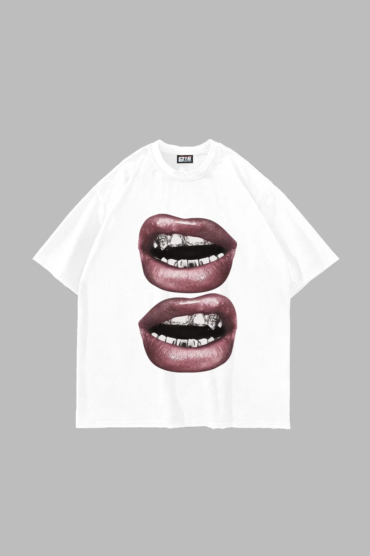 V2 Lip Teeths Baskılı Oversize Unisex Beyaz Tshirt
