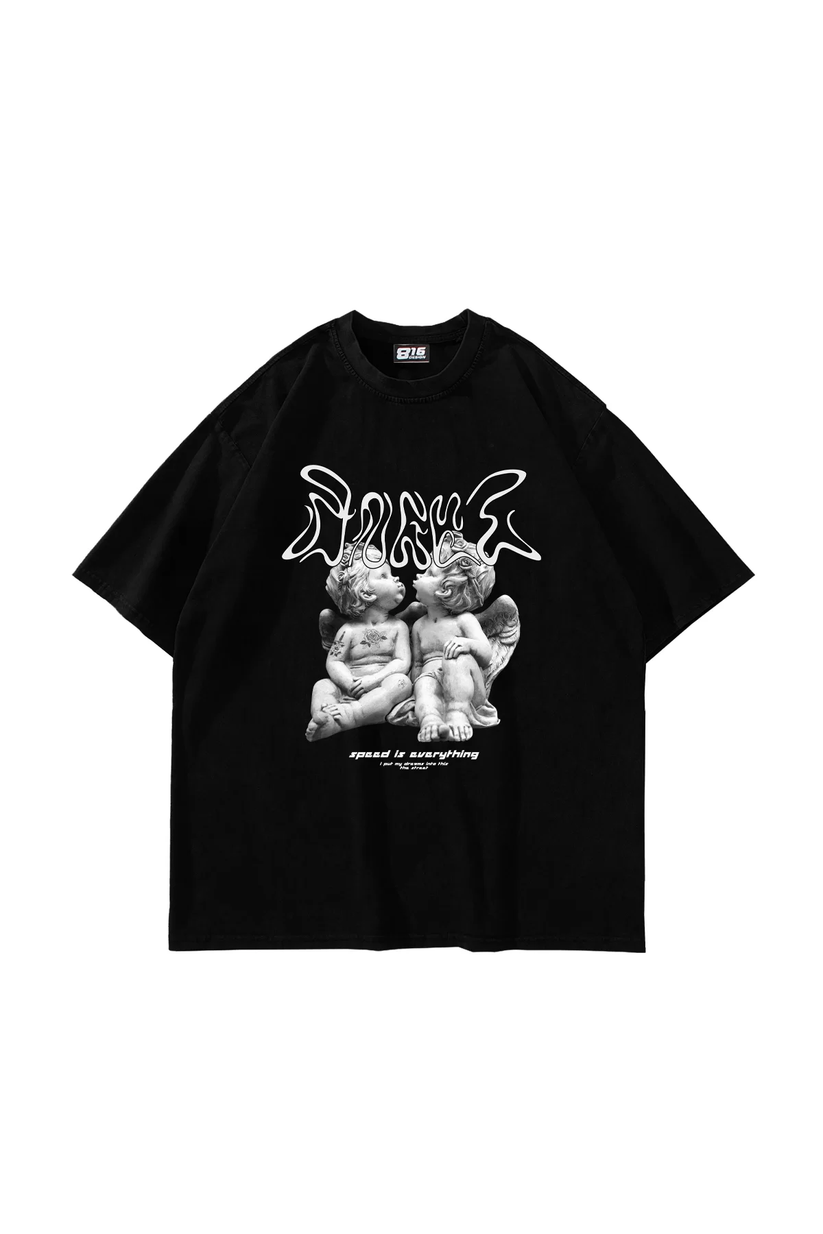 Little Angel Baskılı Oversize Unisex Siyah Tshirt