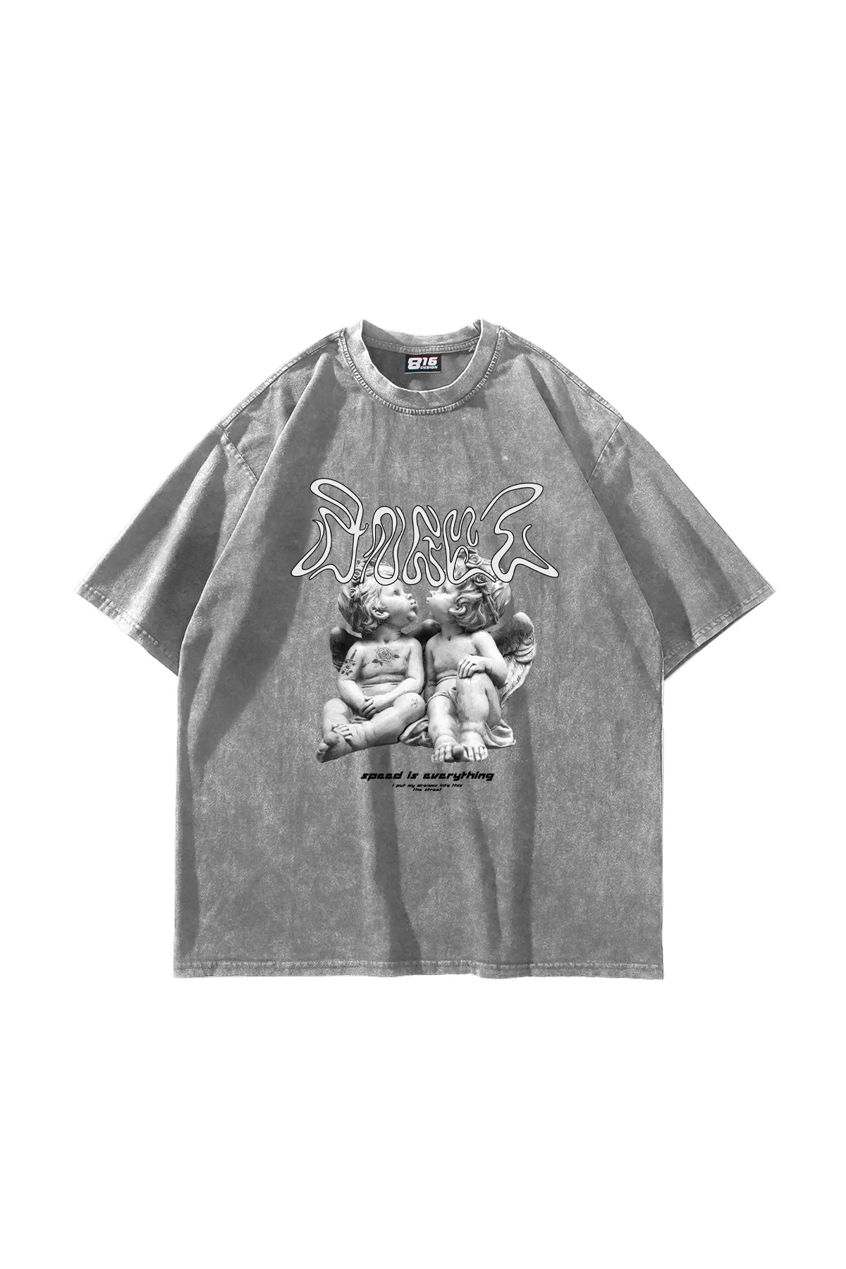 Little Angel Baskılı Oversize Unisex Yıkamalı Beyaz Tshirt