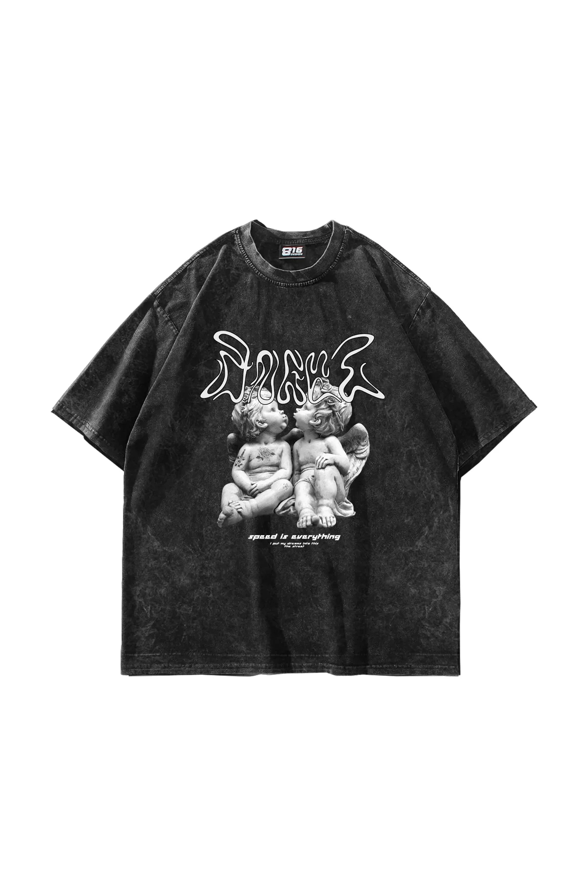 Little Angel Baskılı Oversize Unisex Yıkamalı Siyah Tshirt