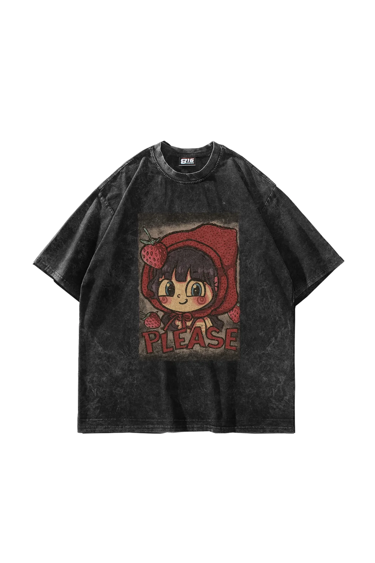 Little Red Riding Hood Baskılı Oversize Unisex Yıkamalı Siyah Tshirt