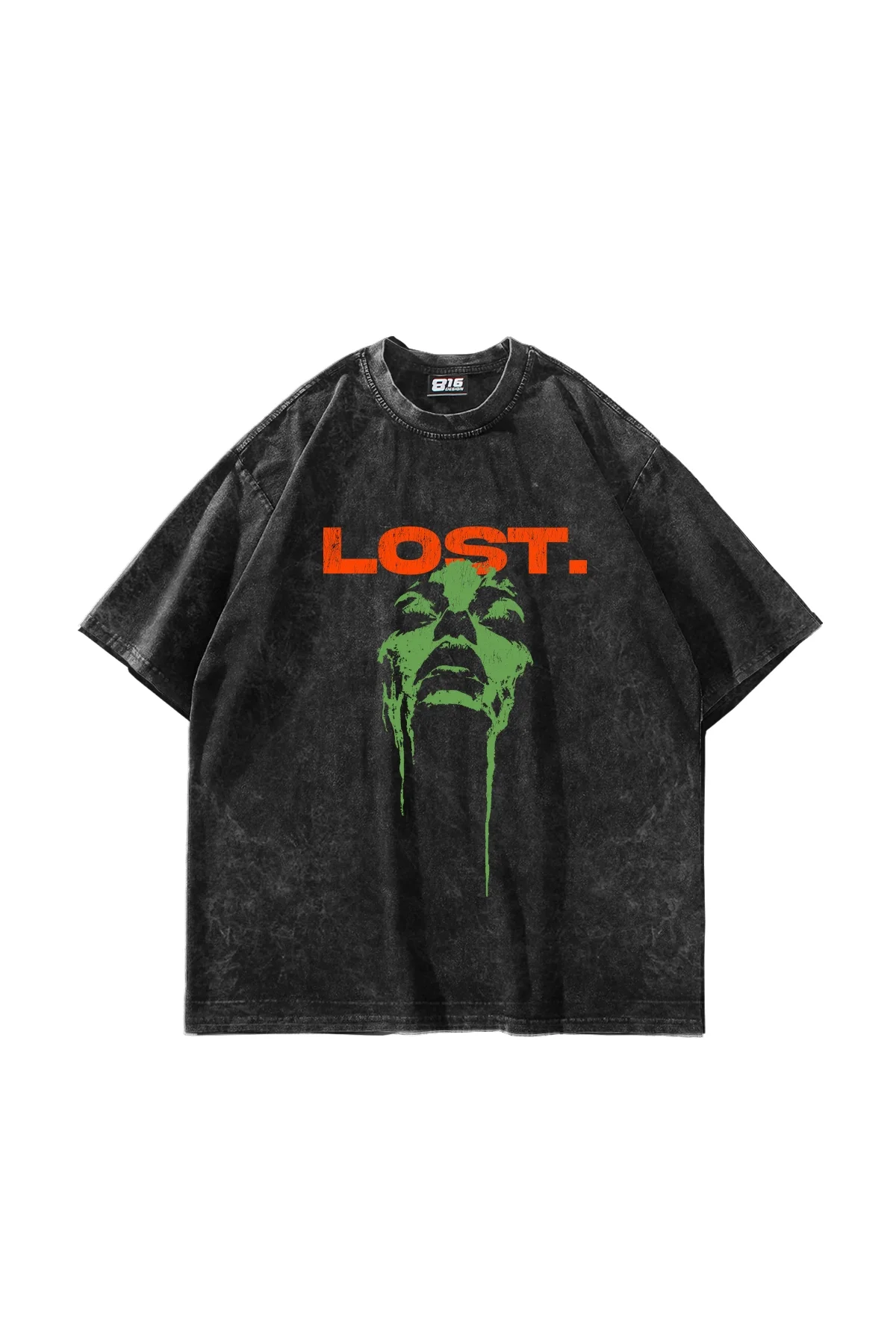 Lost Baskılı Oversize Unisex Yıkamalı Siyah Tshirt