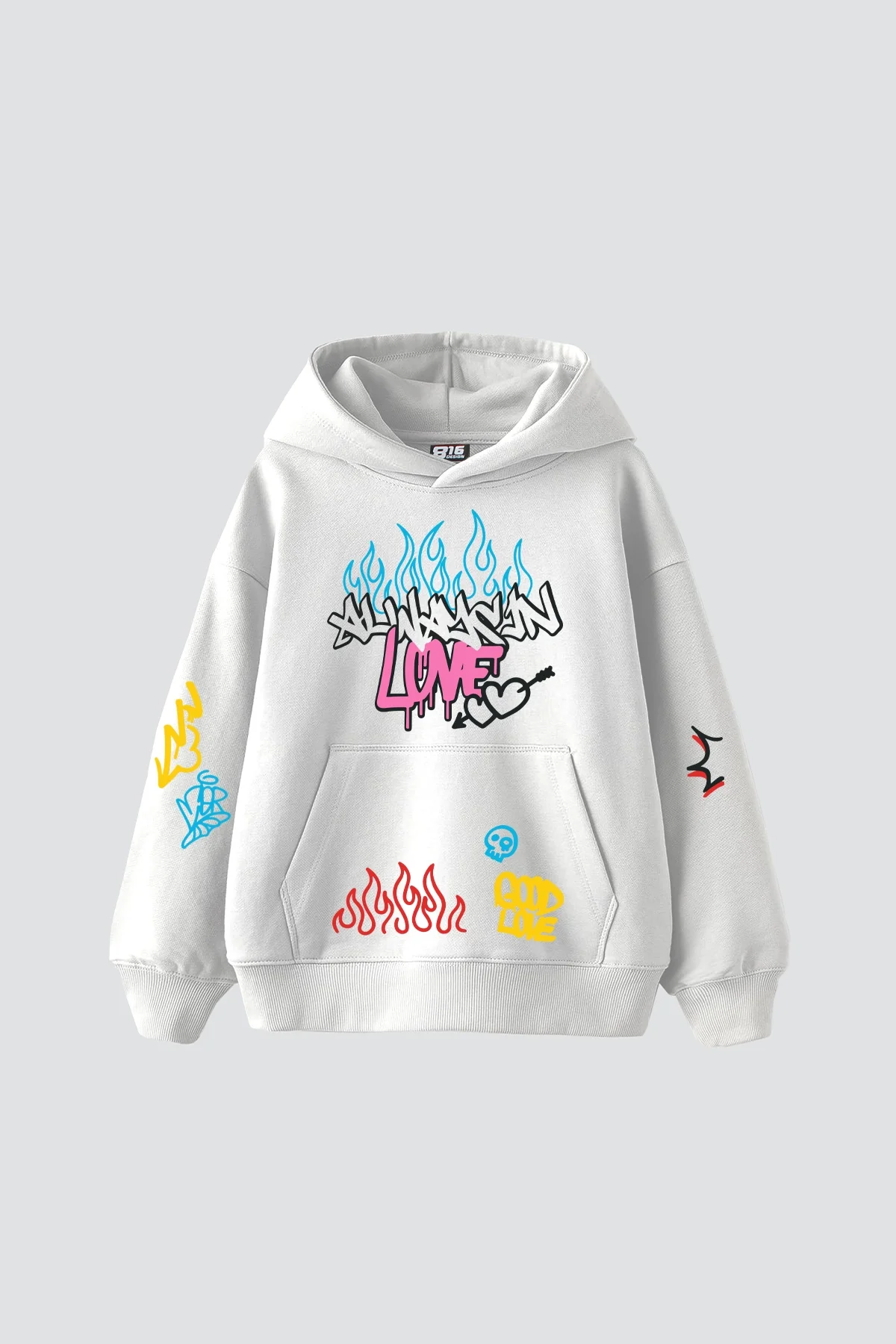Love Graffiti Baskılı Oversize Unisex Beyaz Hoodie
