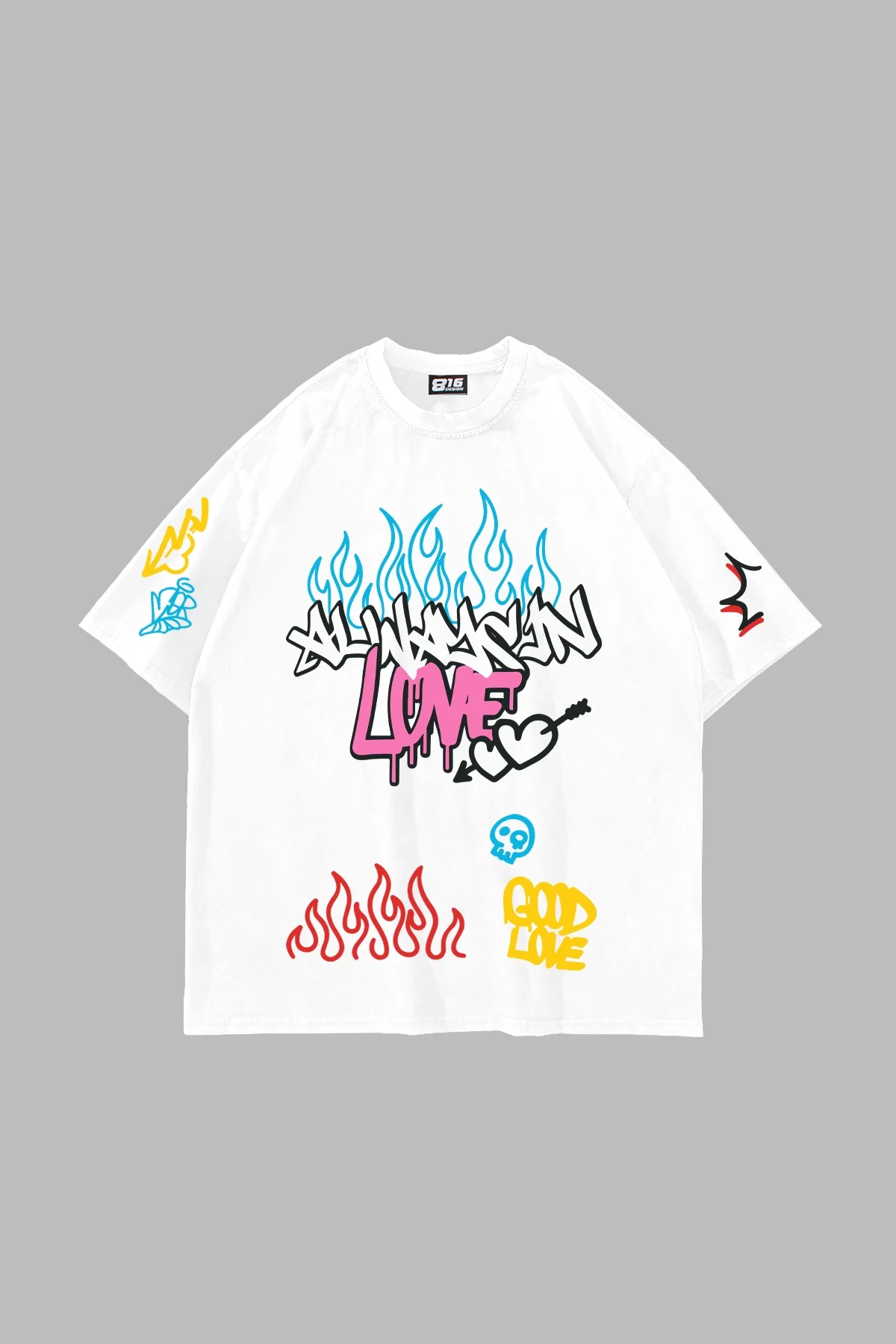 Love Graffiti Baskılı Oversize Unisex Beyaz Tshirt