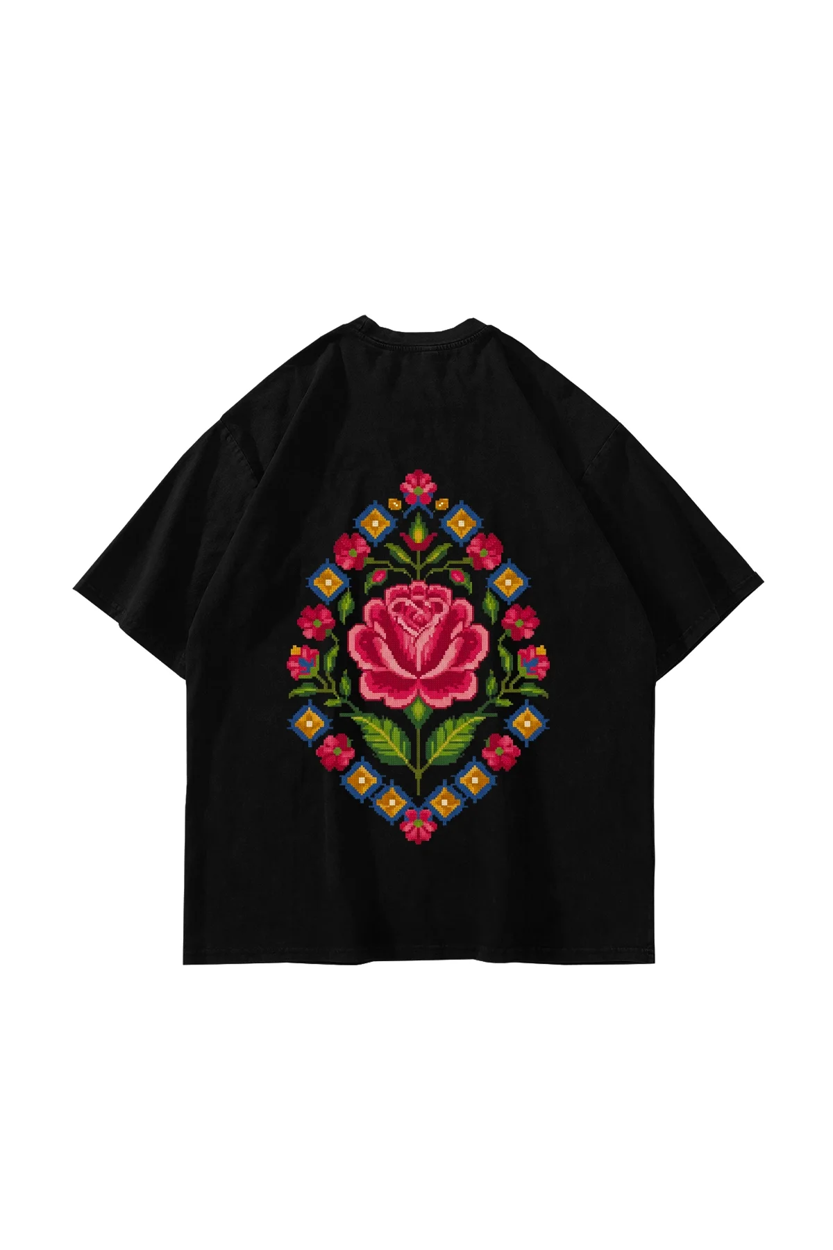 Rose-Face Baskılı Oversize Unisex Siyah Tshirt