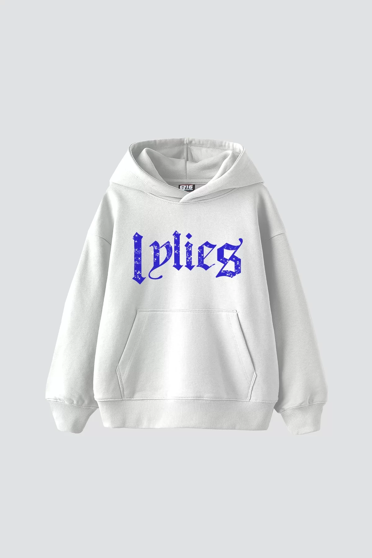 Lylies Mavi Taş Baskılı Oversize Unisex Beyaz Hoodie