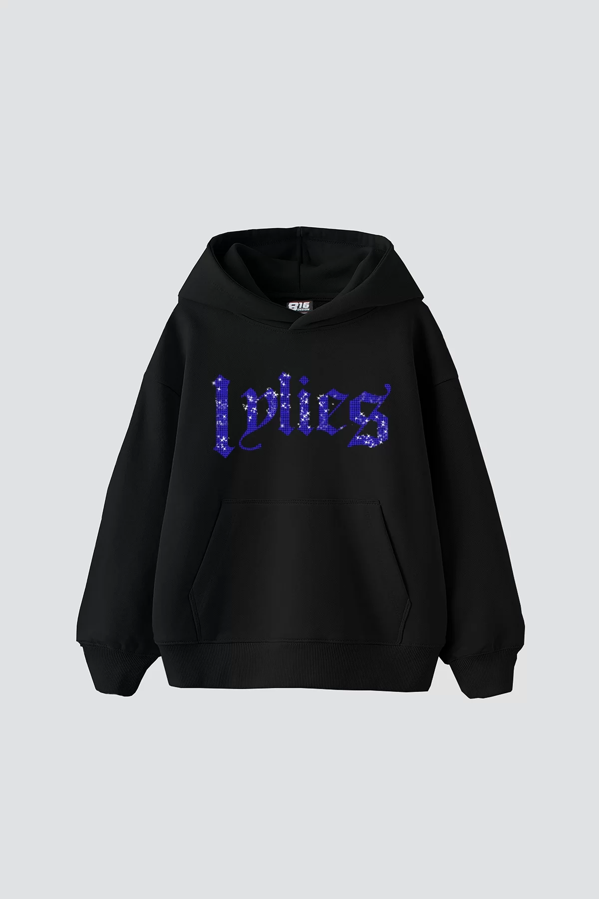 Lylies Mavi Taş Baskılı Oversize Unisex Siyah Hoodie