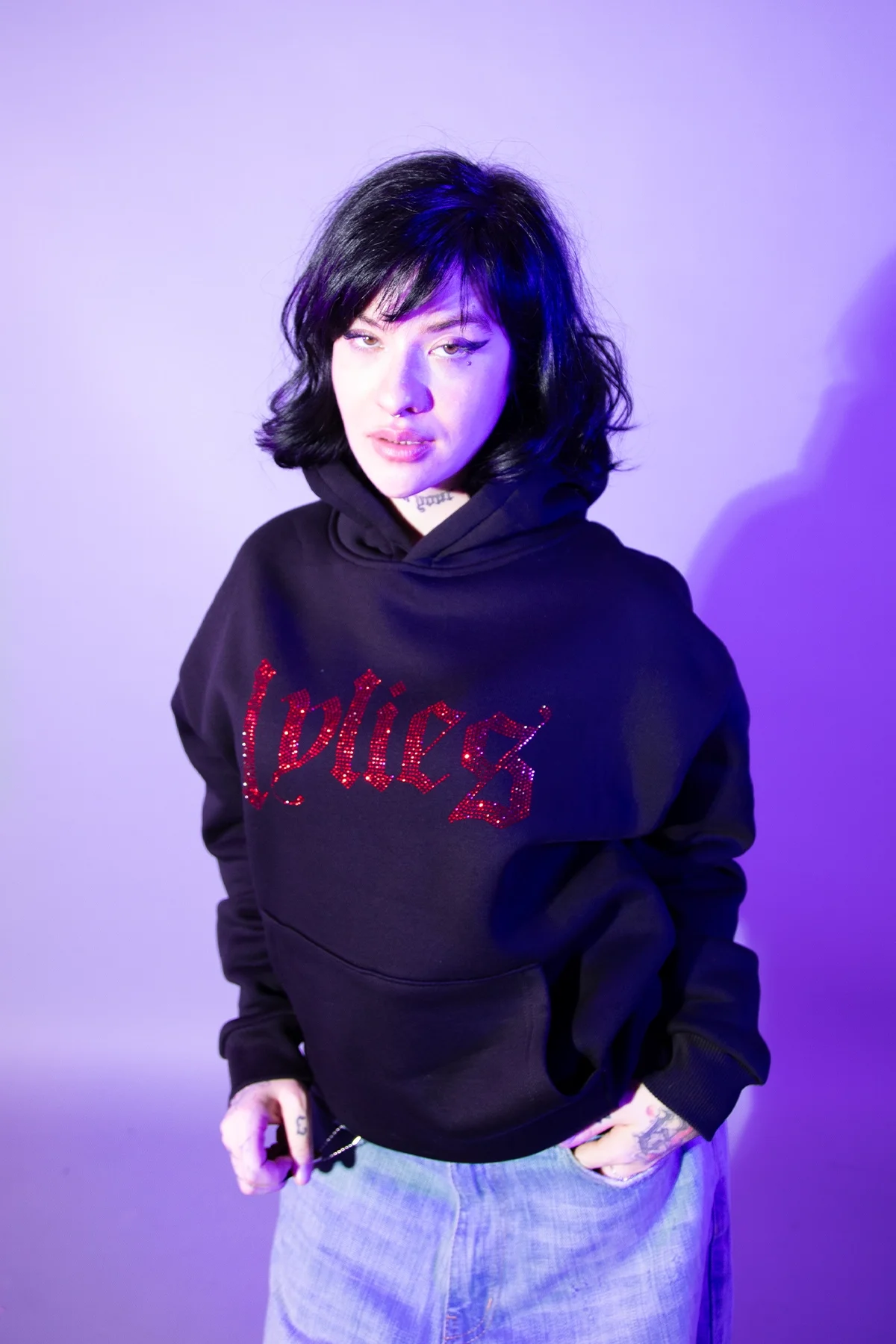 Lylies Kırmızı Taş Baskılı Oversize Unisex Siyah Hoodie