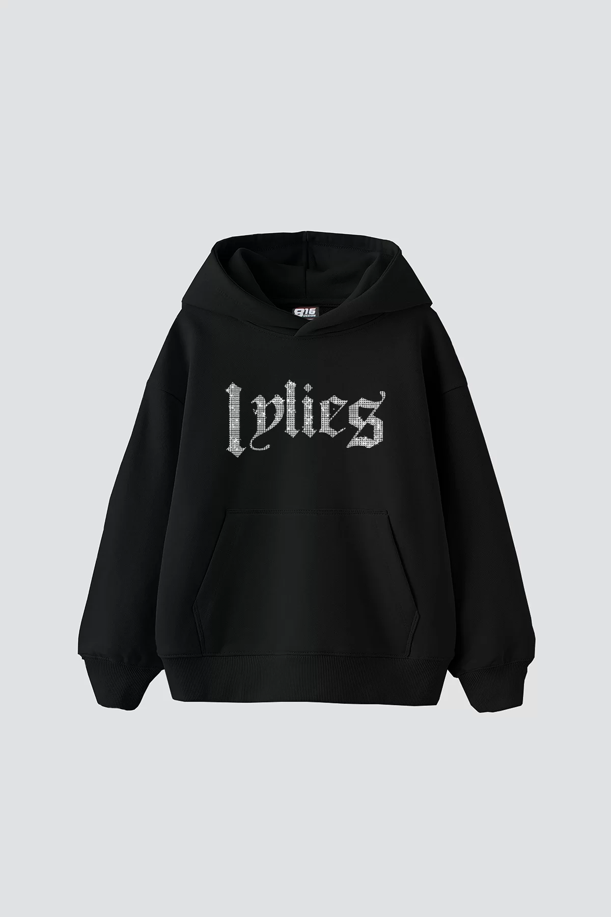 Lylies Taş Baskılı Oversize Unisex Siyah Hoodie