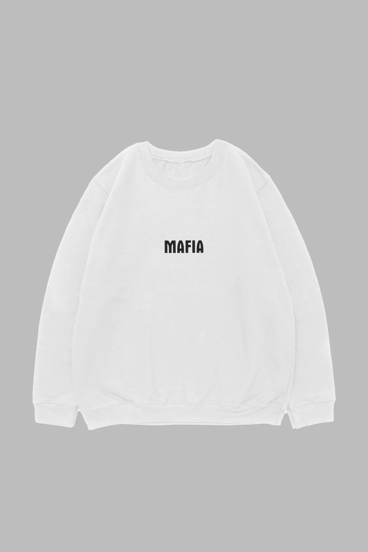Mafia Sırt Baskılı Kapüşonsuz Oversize Unisex Beyaz Sweatshirt