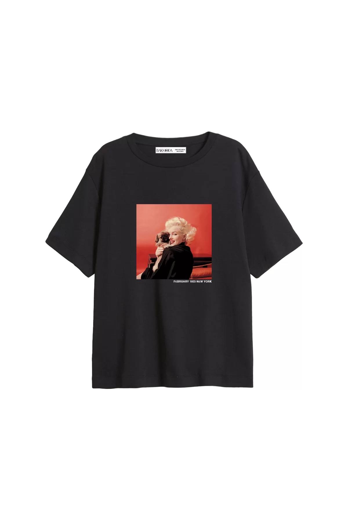 Marilyn Monroe & Dog Baskılı Relaxed Fit Siyah Kadın Tshirt