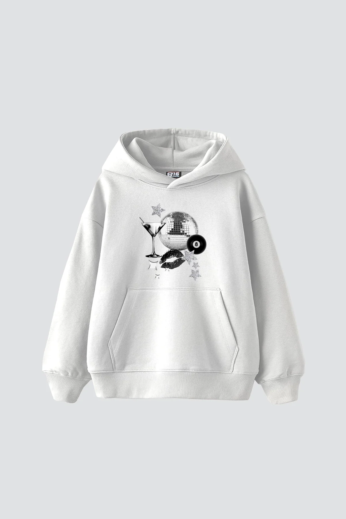 Martini Disco Baskılı Oversize Unisex Beyaz Hoodie