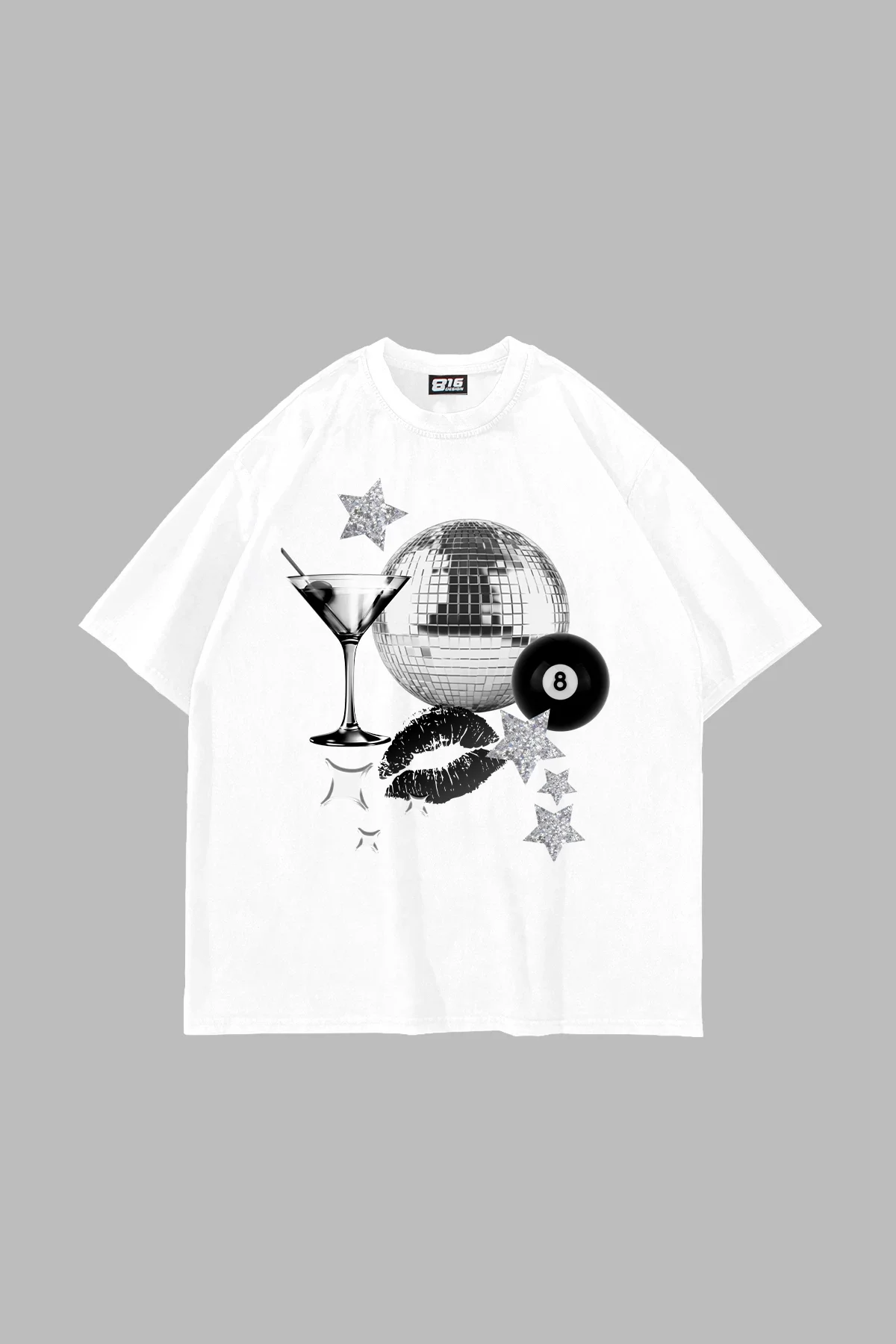 Martini Disco Baskılı Oversize Unisex Beyaz Tshirt