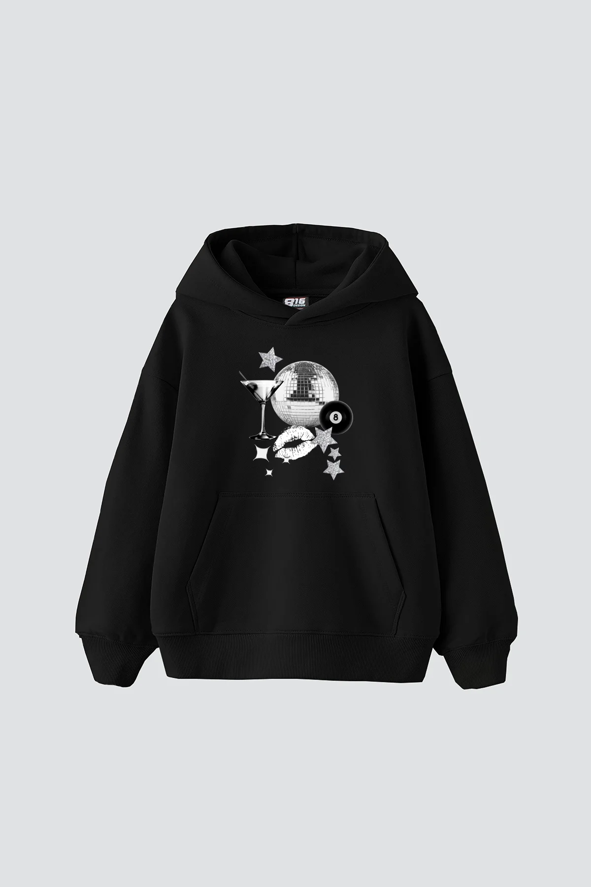 Martini Disco Baskılı Oversize Unisex Siyah Hoodie
