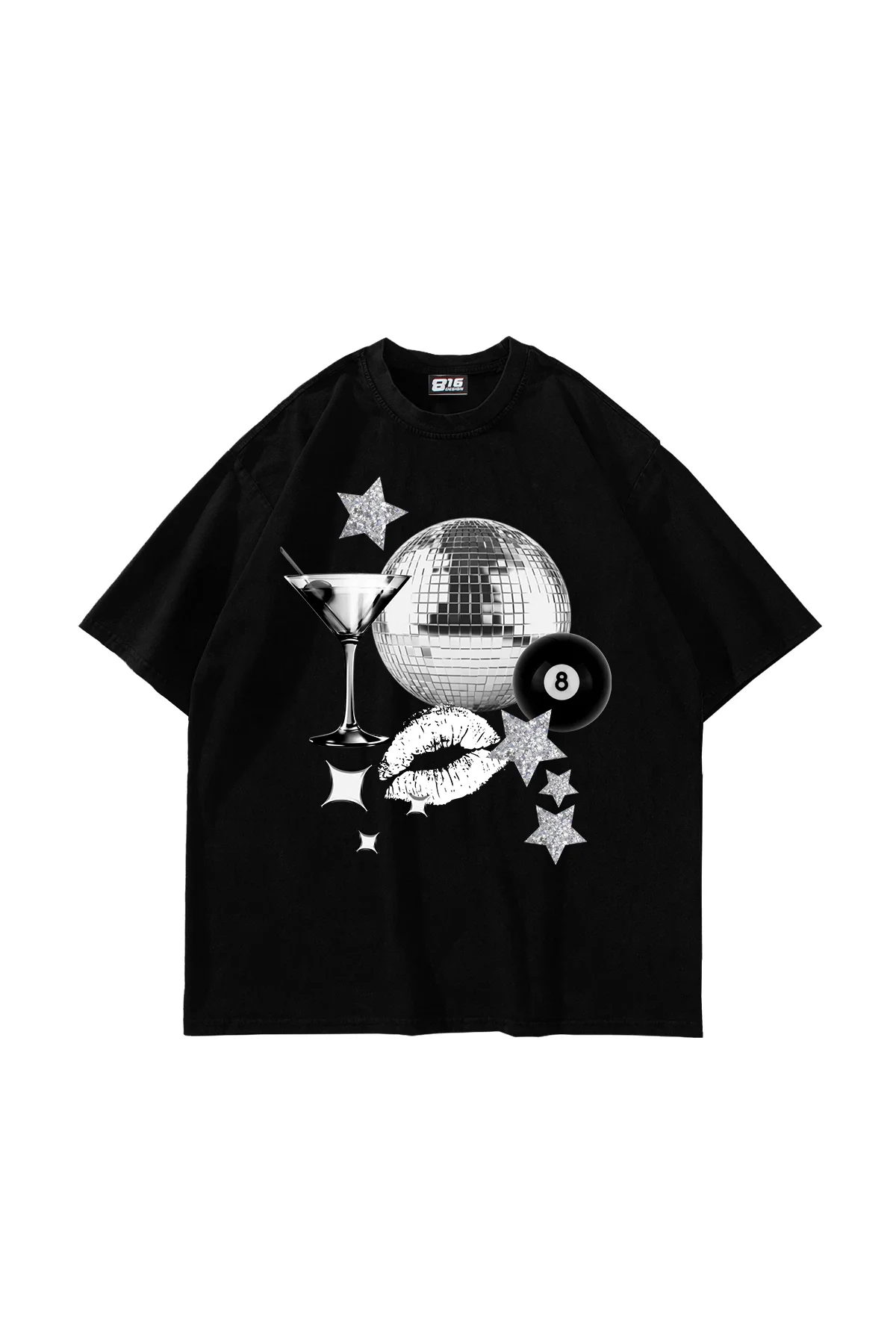 Martini Disco Baskılı Oversize Unisex Siyah Tshirt