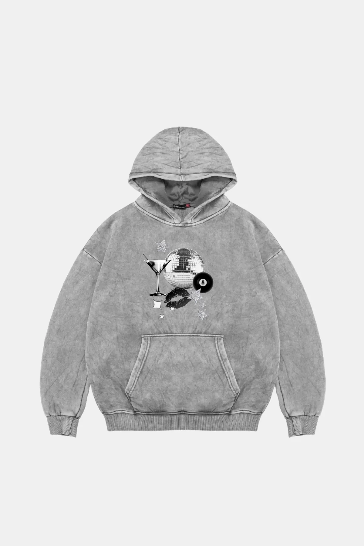 Martini Disco Baskılı Oversize Unisex Yıkamalı Beyaz Hoodie