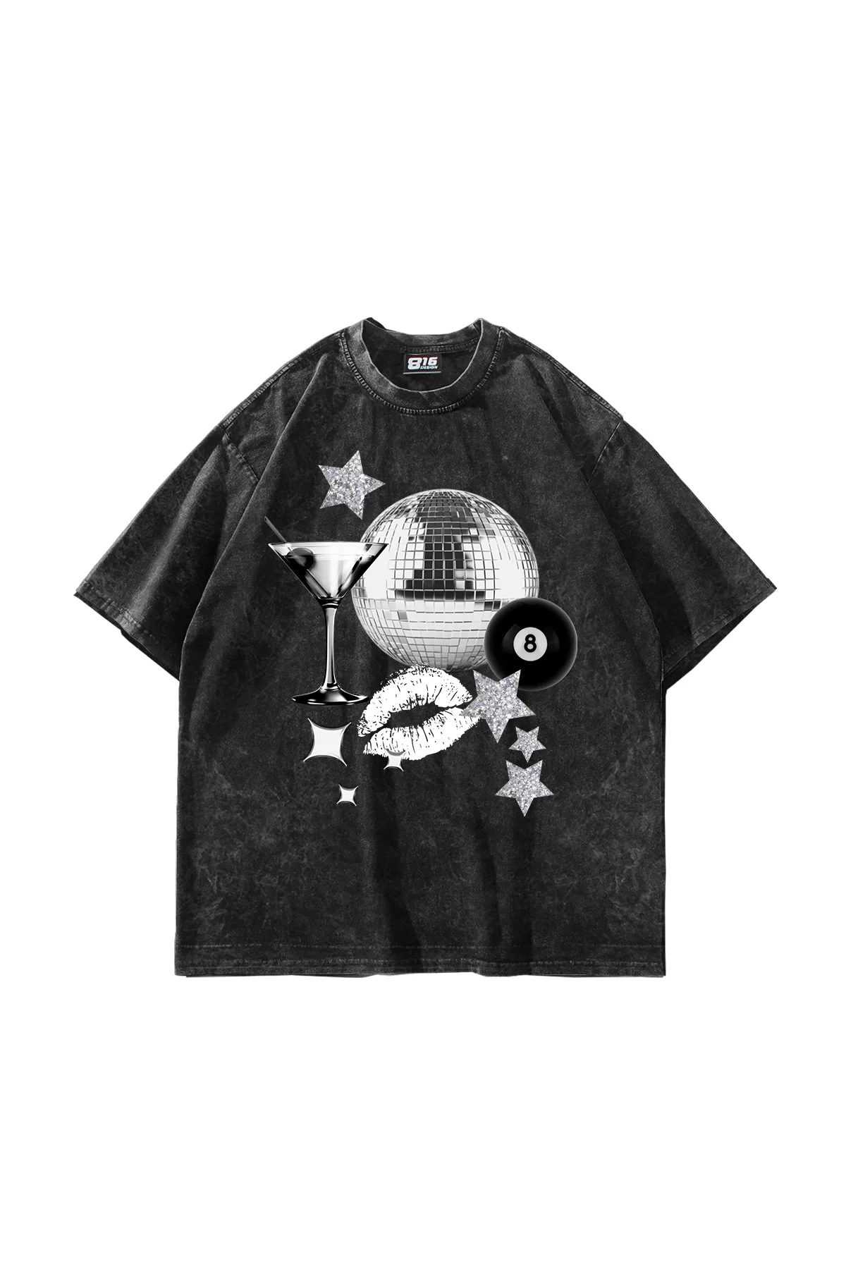 Martini Disco Baskılı Oversize Unisex Yıkamalı Siyah Tshirt