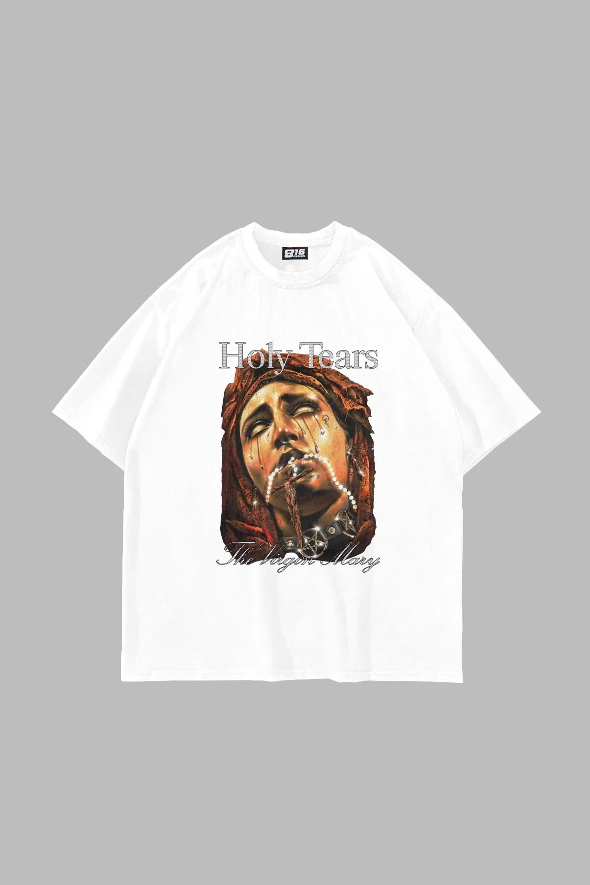 Marys Holy Tears Baskılı Oversize Unisex Beyaz Tshirt