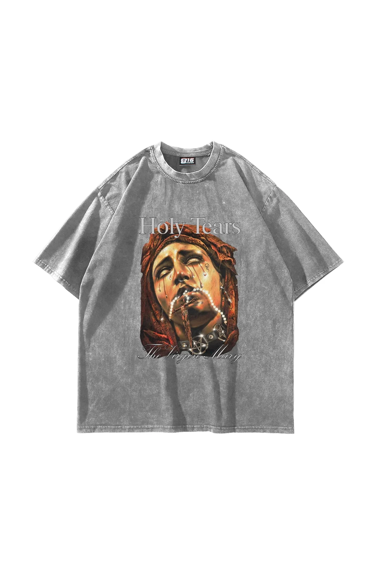 Marys Holy Tears Baskılı Oversize Unisex Yıkamalı Beyaz Tshirt