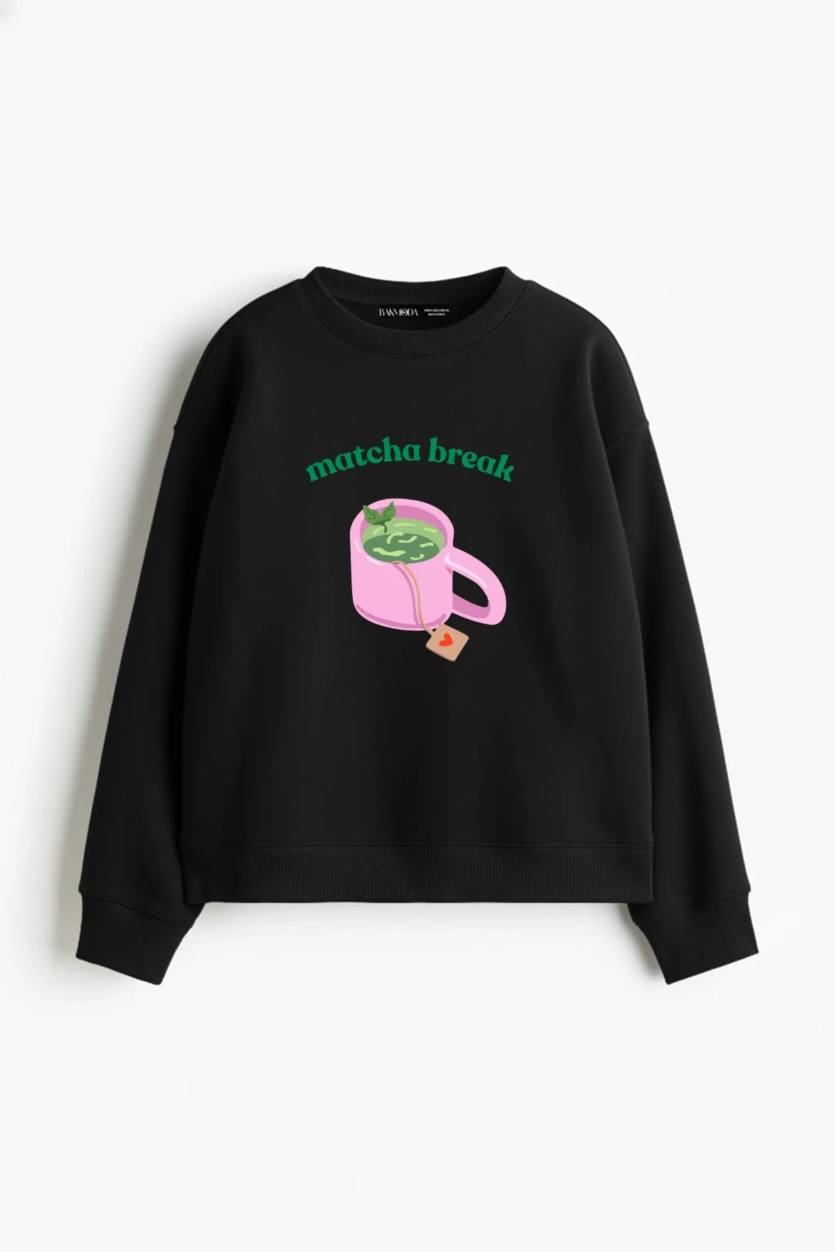 Matcha Break Baskılı Kapüşonsuz Relaxed Fit Kadın Siyah Sweatshirt