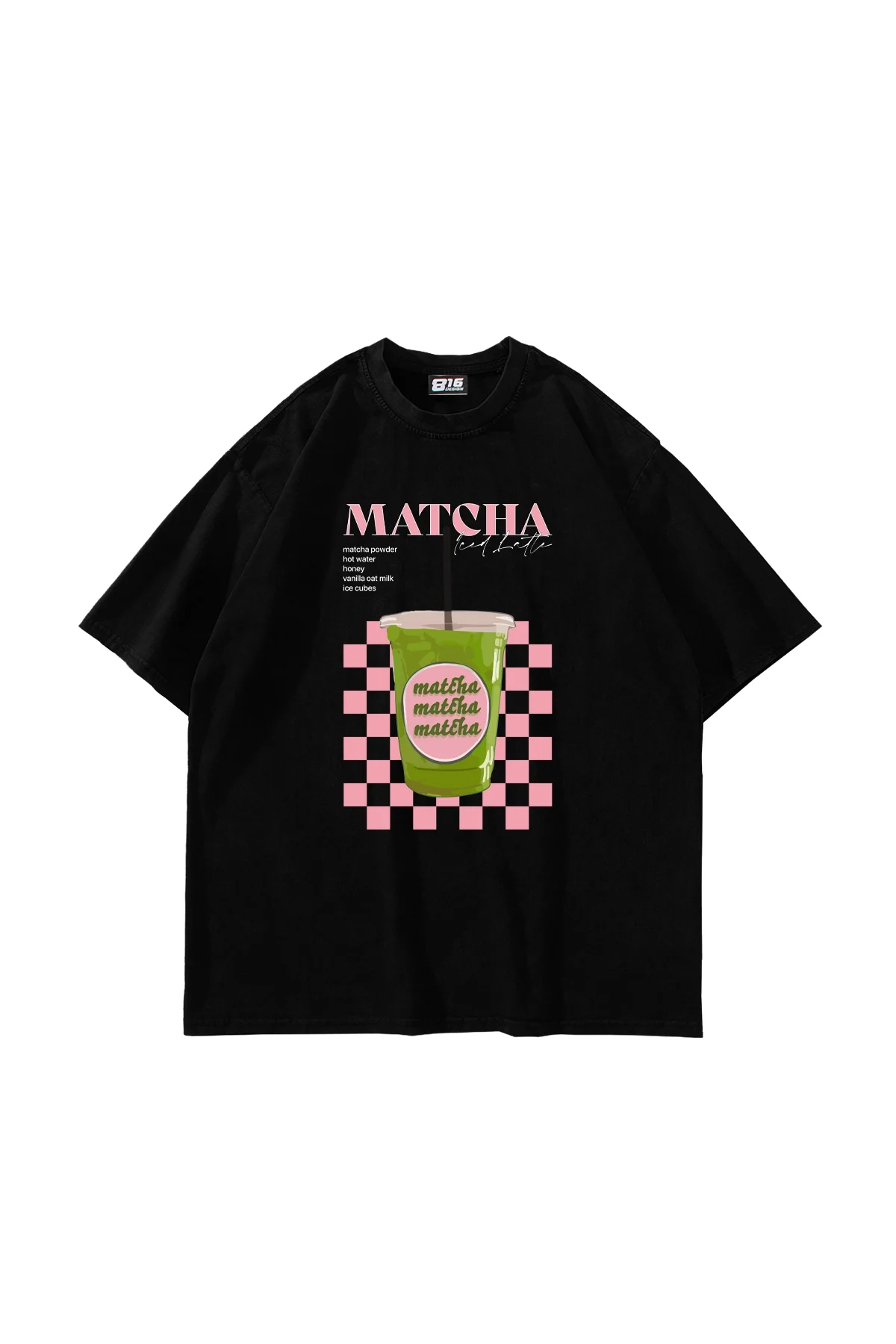 Matcha Iced Latte Baskılı Oversize Unisex Siyah Tshirt