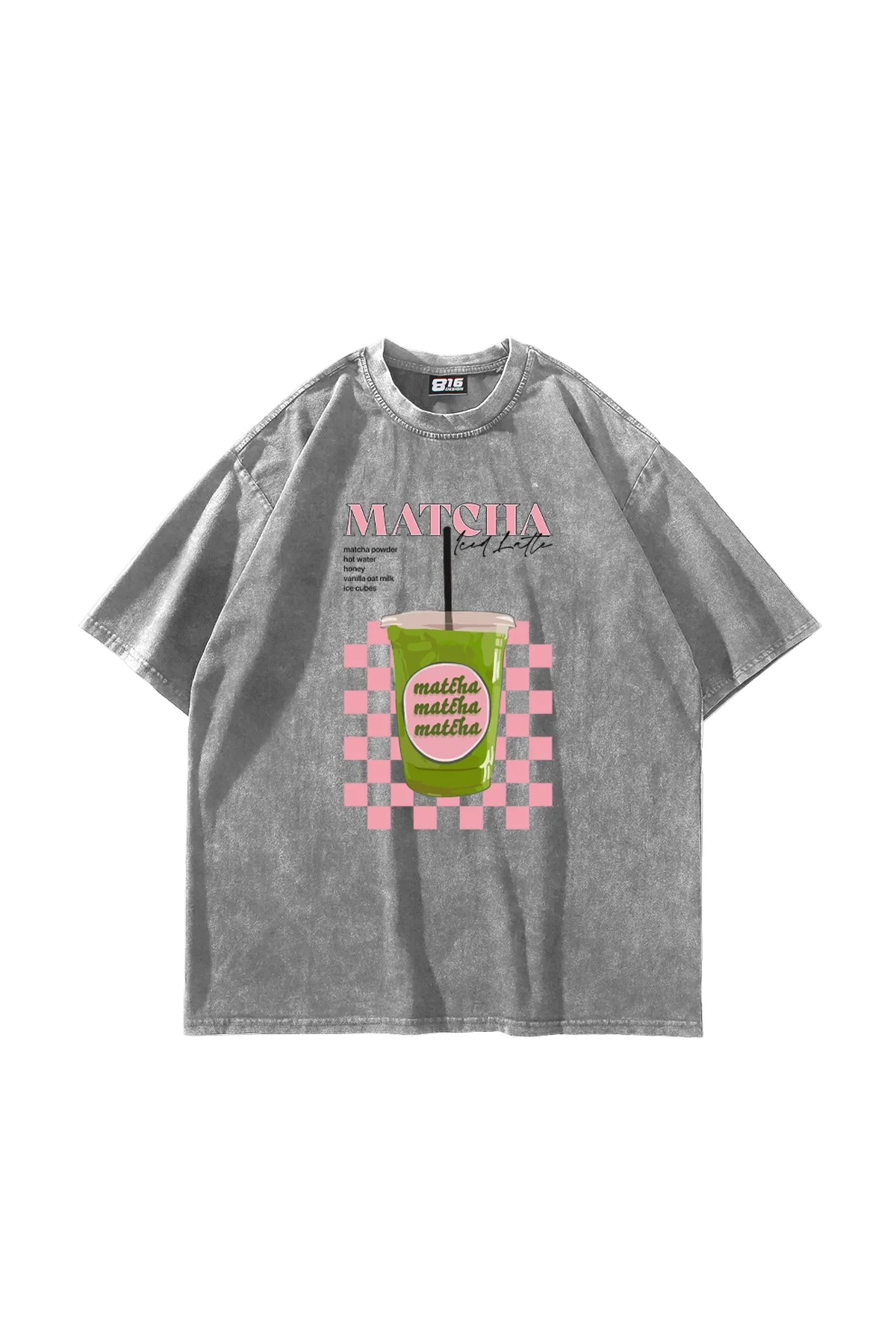 Matcha Iced Latte Baskılı Oversize Unisex Yıkamalı Beyaz Tshirt