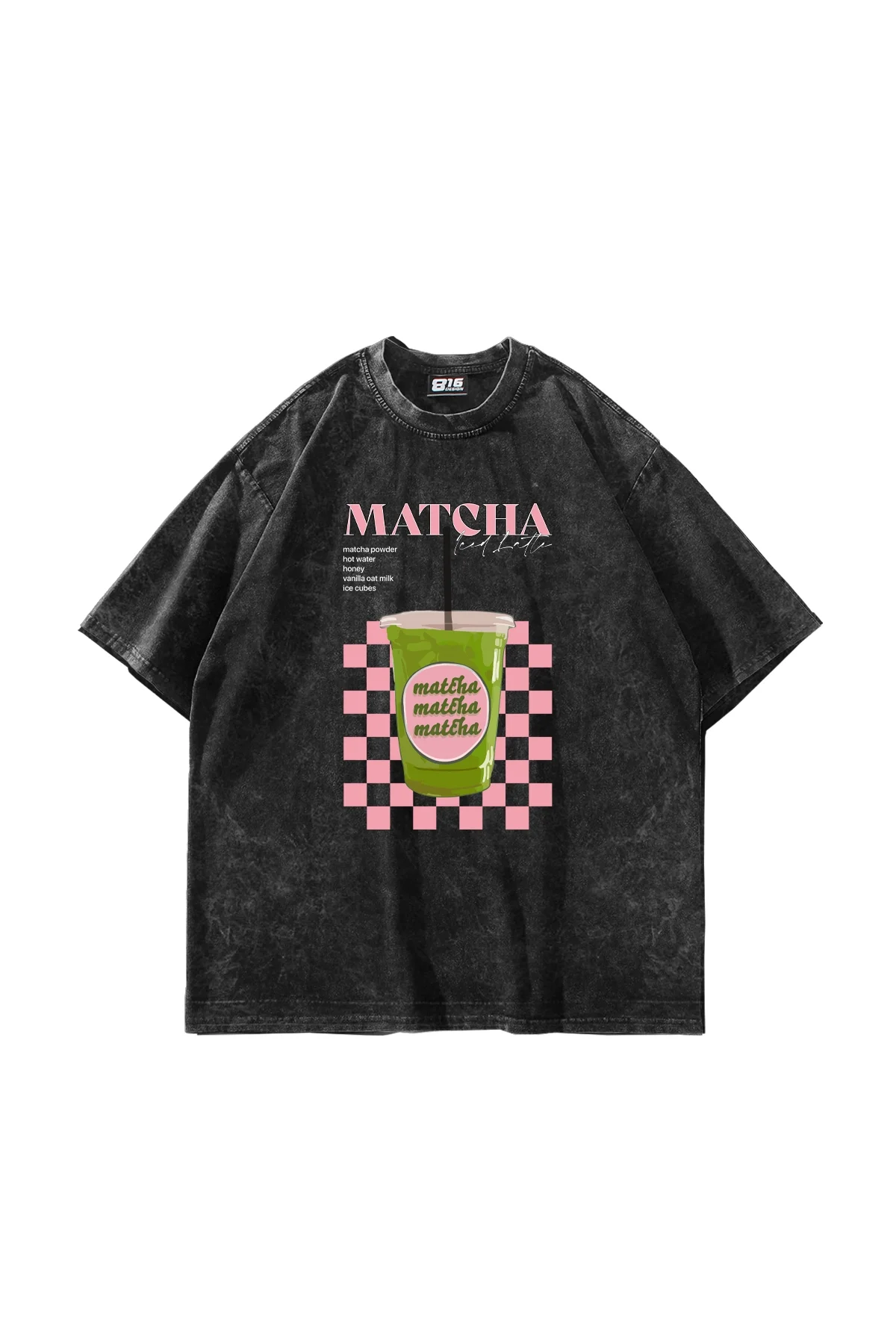 Matcha Iced Latte Baskılı Oversize Unisex Yıkamalı Siyah Tshirt